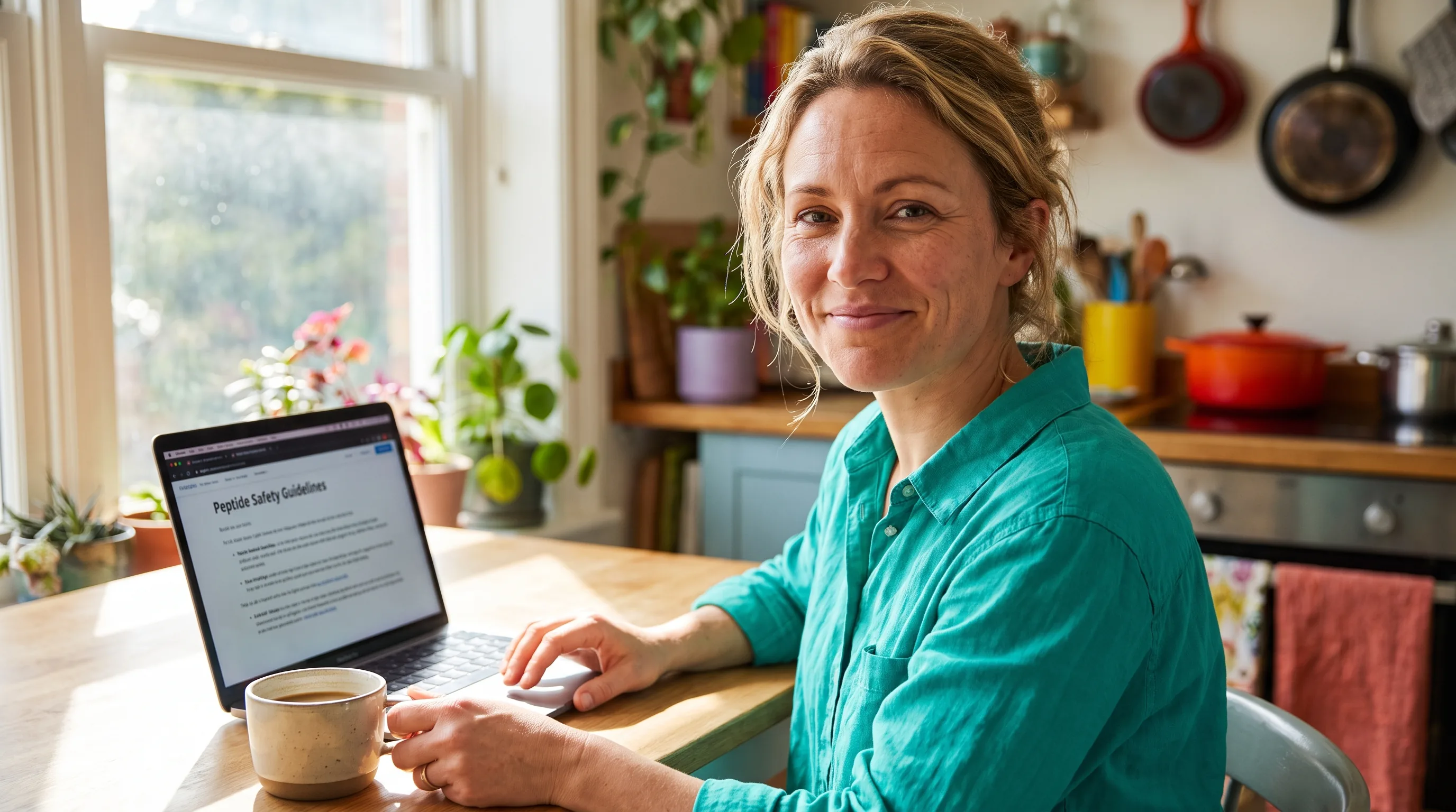 A careful woman in her 30s comparing peptide sourcing options on a laptop at a tidy kitchen table, morning light, calm and focused