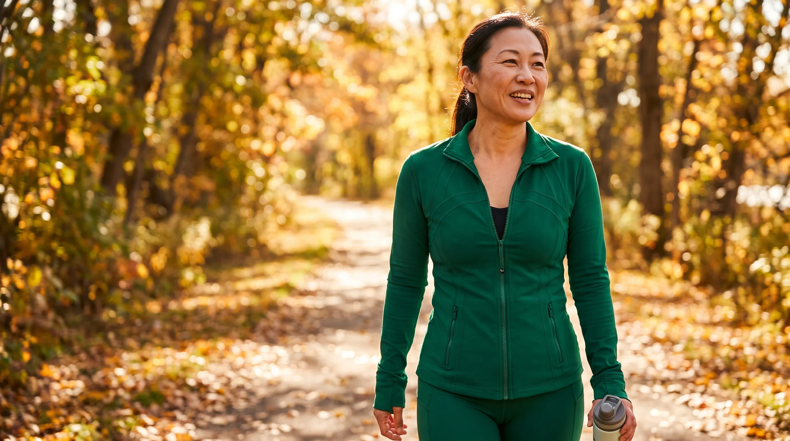 A woman in her late forties in athletic wear finishing a brisk morning walk on a tree-lined path, looking energized