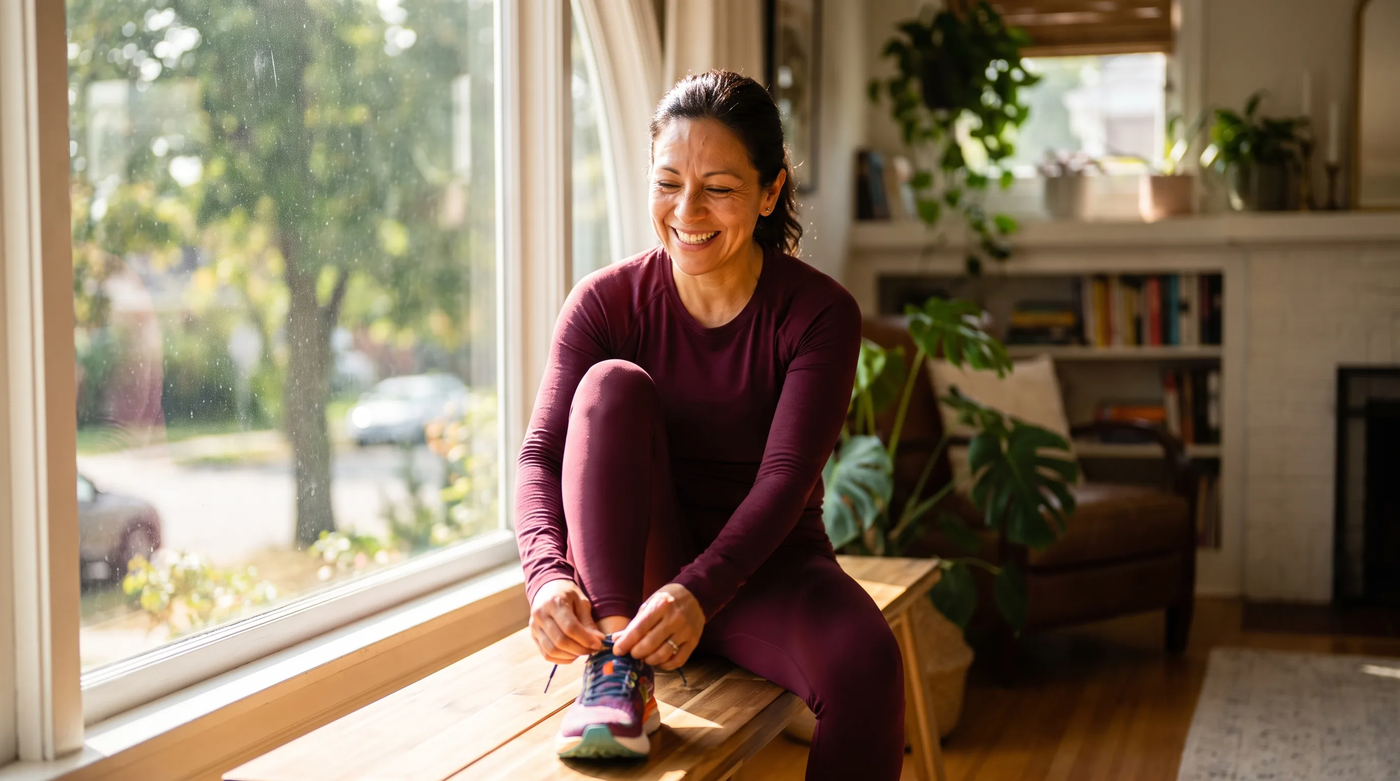 A woman in her forties in workout clothes lacing up her shoes by a sunlit window before a morning walk
