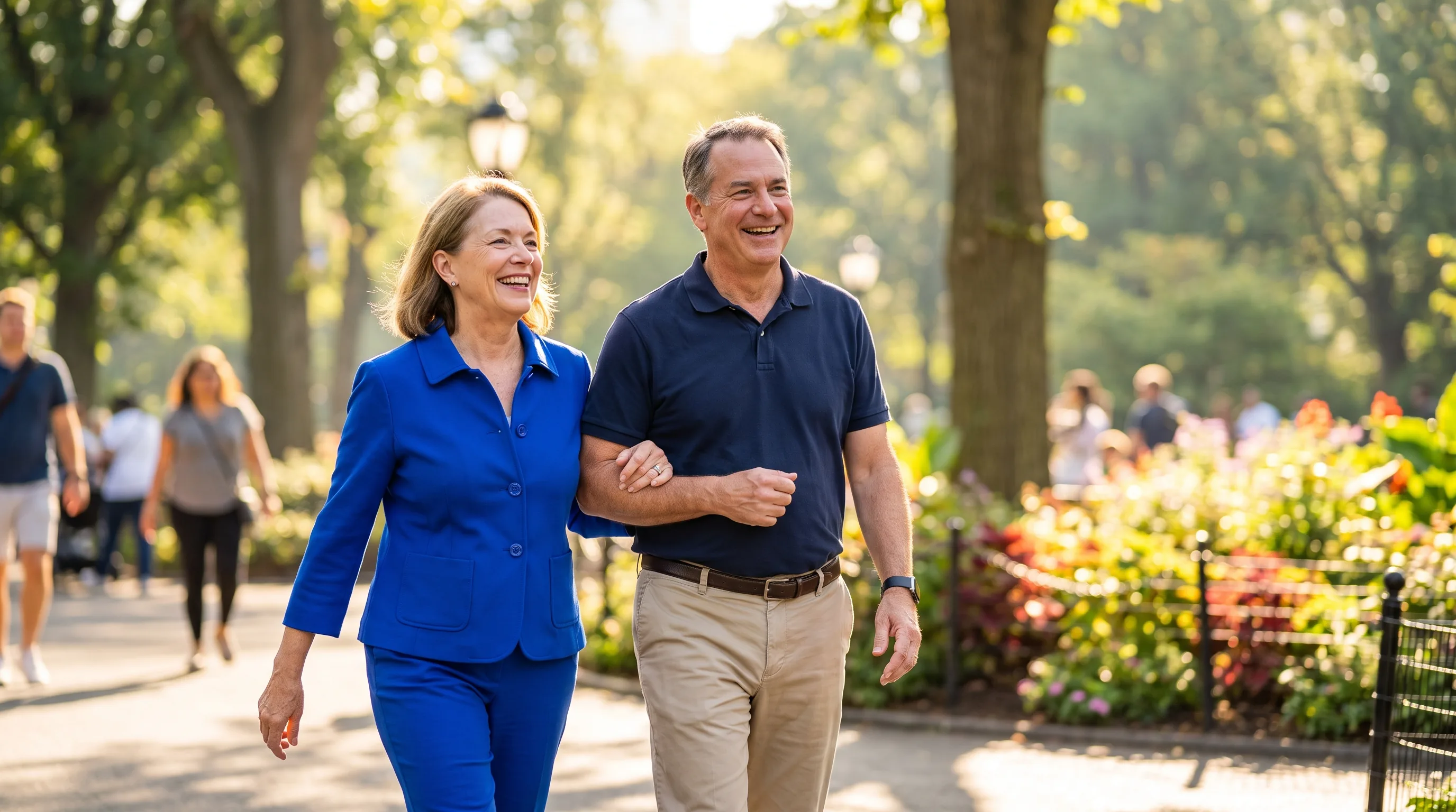 A woman and man in their fifties walking briskly together through a sunlit park on a bright morning