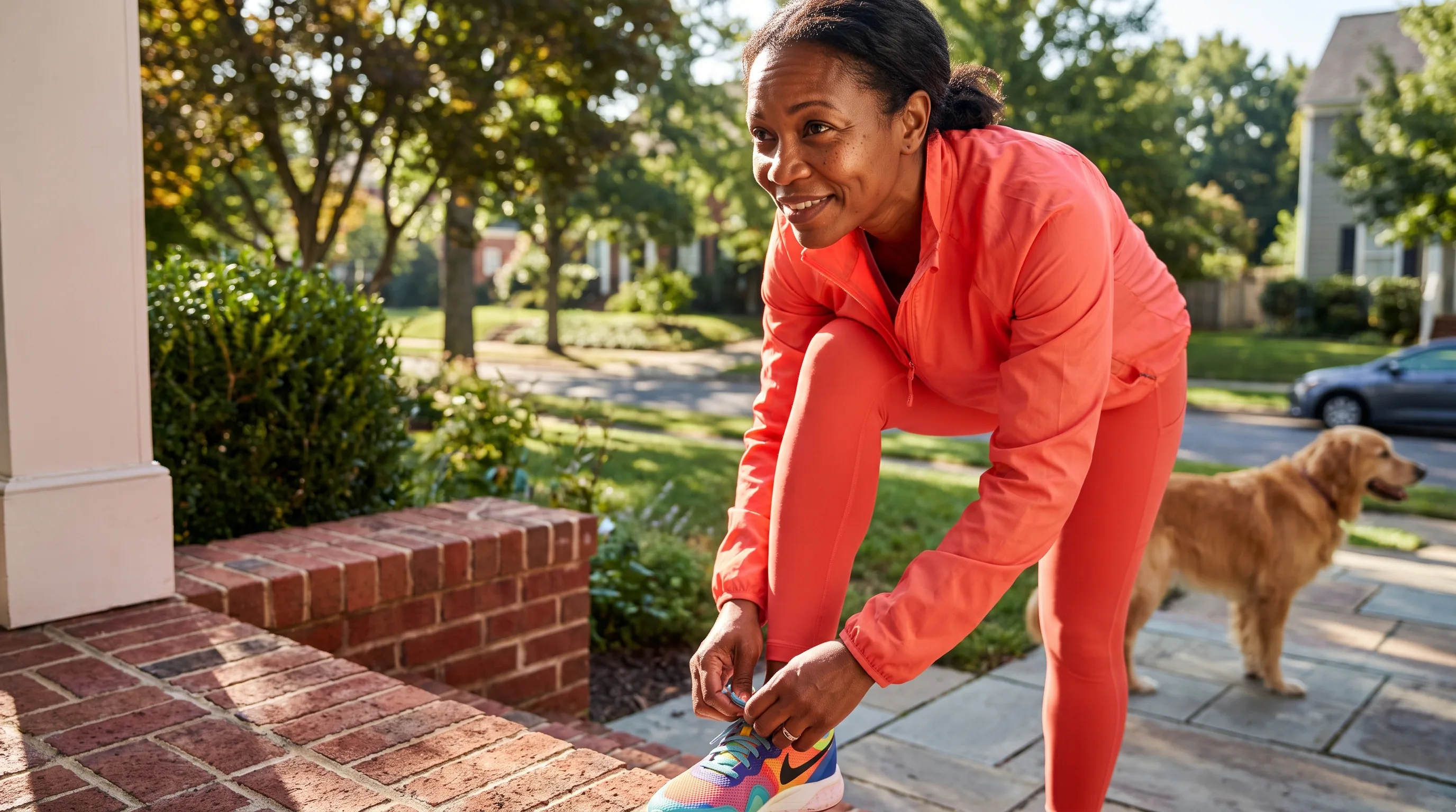 A woman in her 40s in workout clothes lacing her shoes on a bright front step before a morning walk, calm and energized