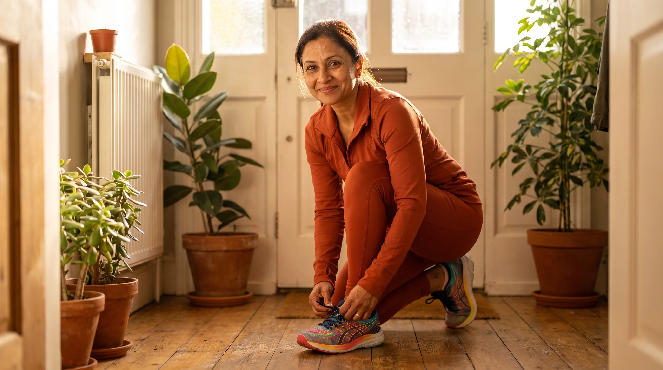 A woman in her forties in workout clothes lacing up her shoes by the front door before a brisk morning walk, warm daylight, calm and energized