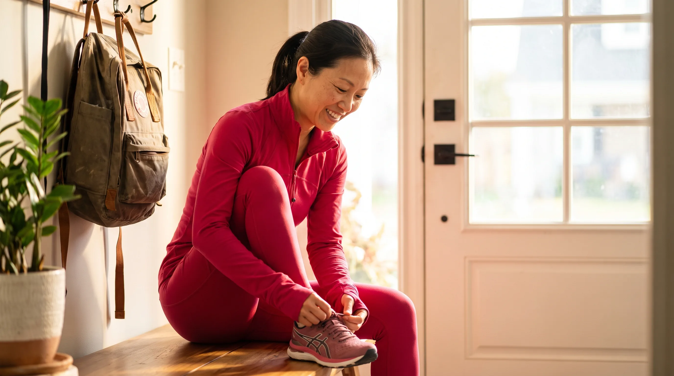 A woman in her forties in workout clothes lacing up her shoes by the front door before a brisk morning walk, warm daylight, calm and energized