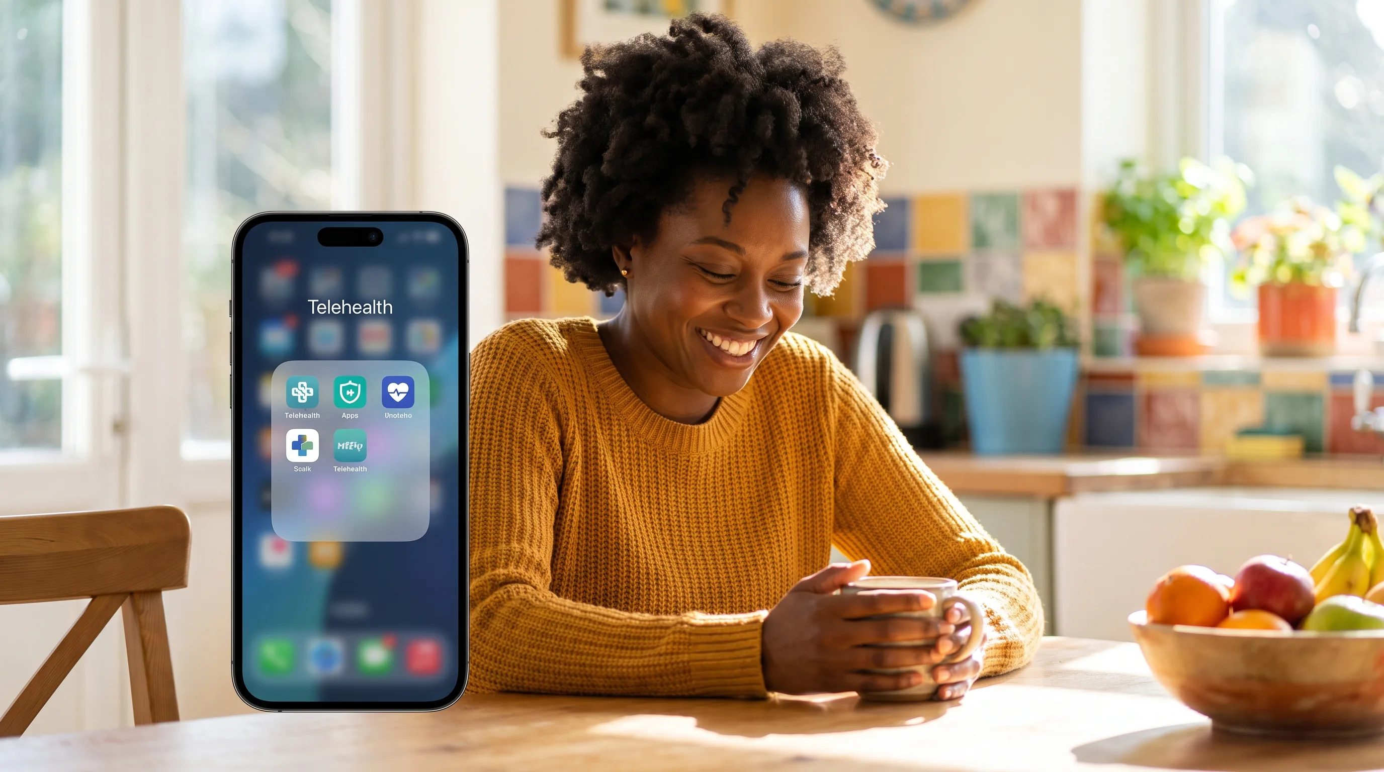 A cheerful, healthy woman in a bright kitchen smiling at her phone with a coffee mug, comparing telehealth options after switching providers
