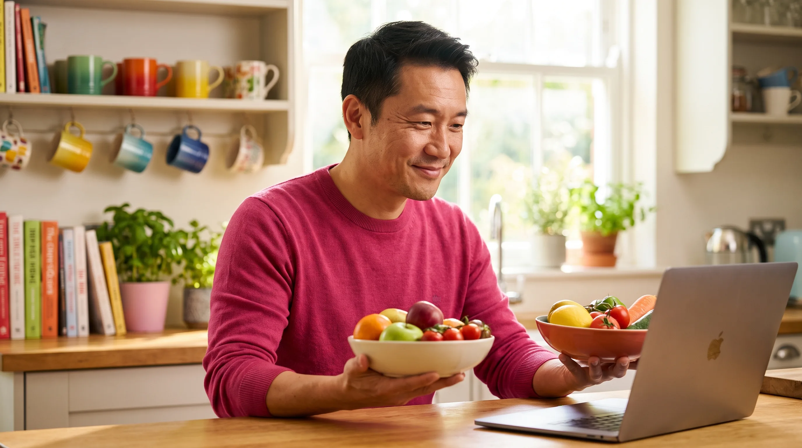 A warm, happy, colorful photo of a healthy adult smiling at a laptop in a bright kitchen, calmly weighing two options side by side