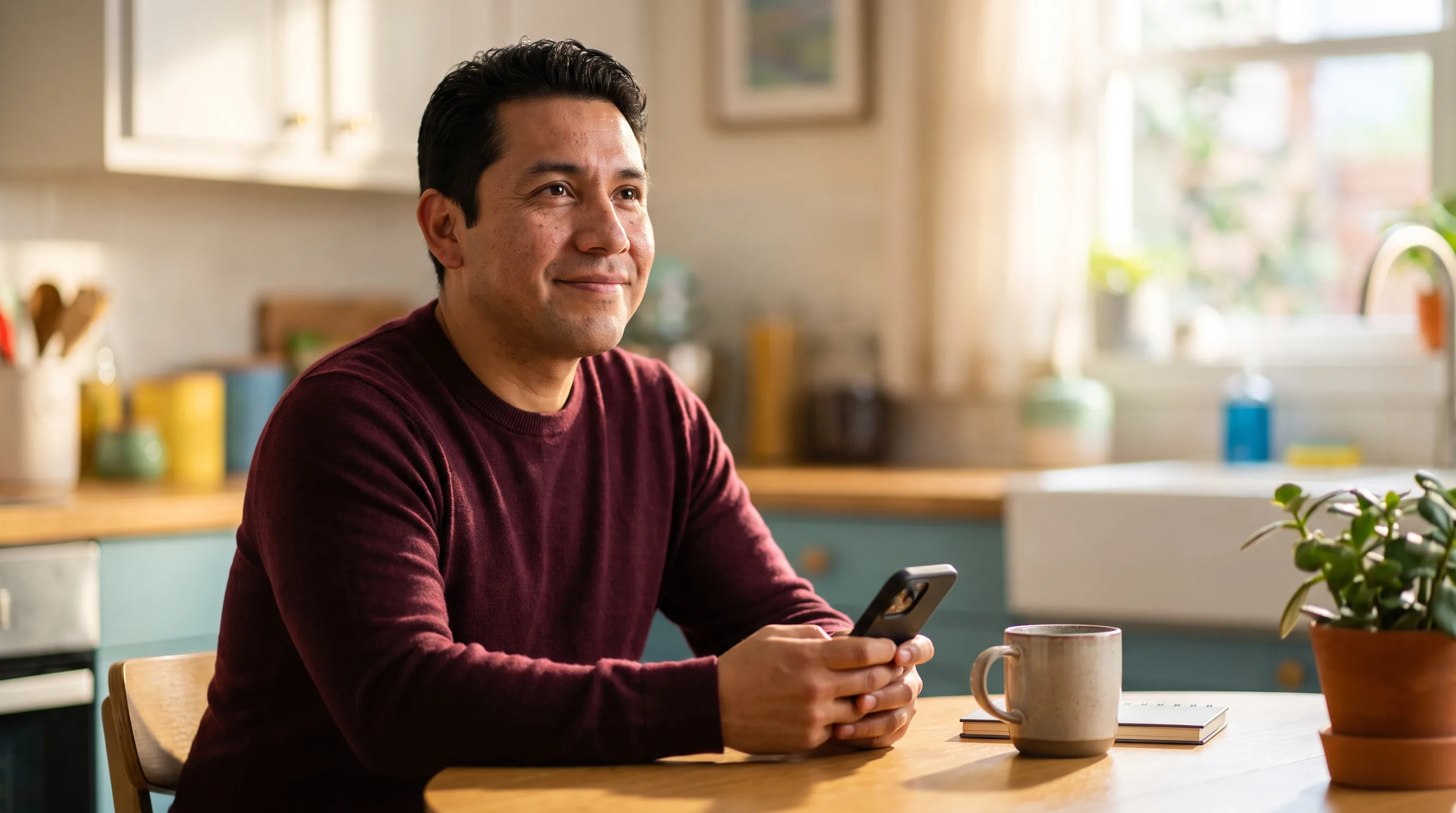 A calm adult at a kitchen table in morning light, phone in hand, deciding to move to a steadier path after the supplier they relied on quietly went dark