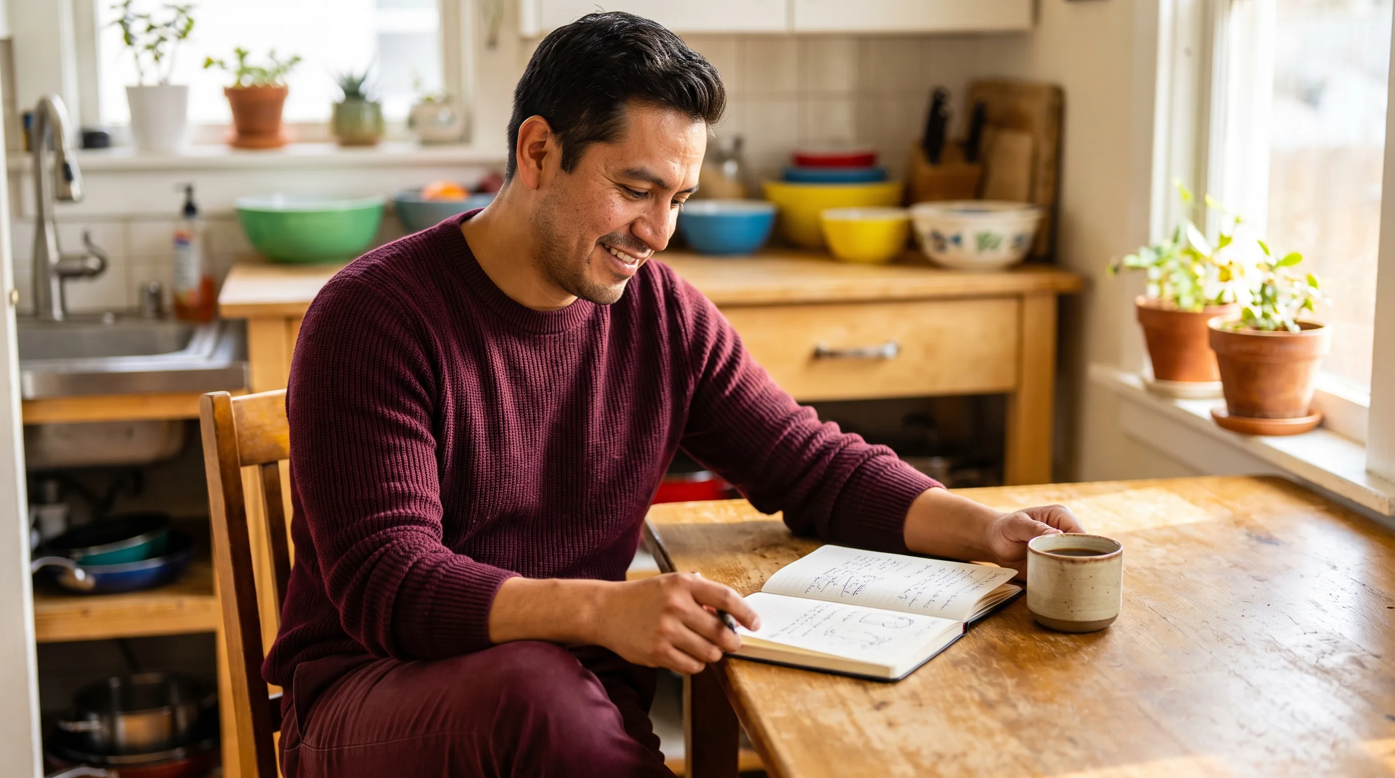 An adult sitting at a sunlit kitchen table with coffee and a notebook, calmly mapping out a new plan the morning after learning the supplier they relied on had closed for good