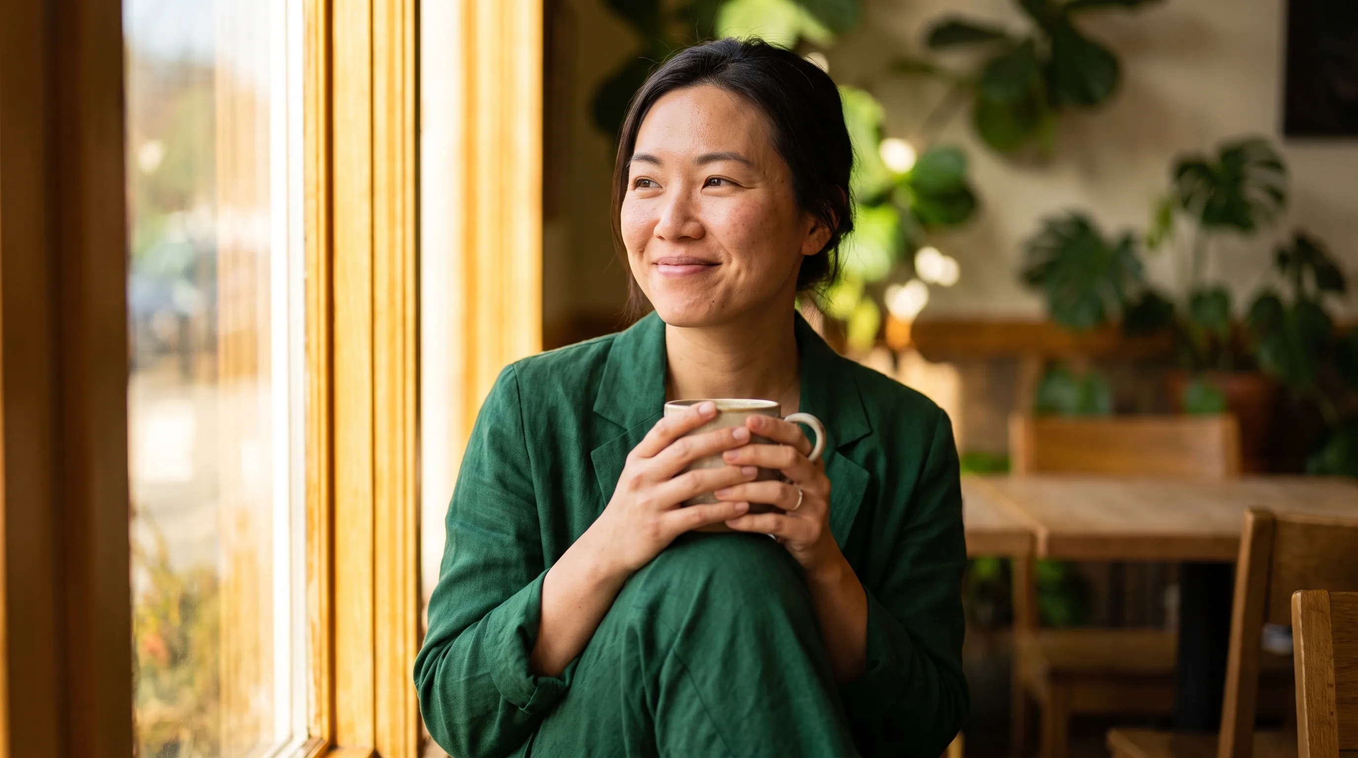 A calm professional pauses by a sunlit window with a warm mug, shoulders relaxed and unhurried