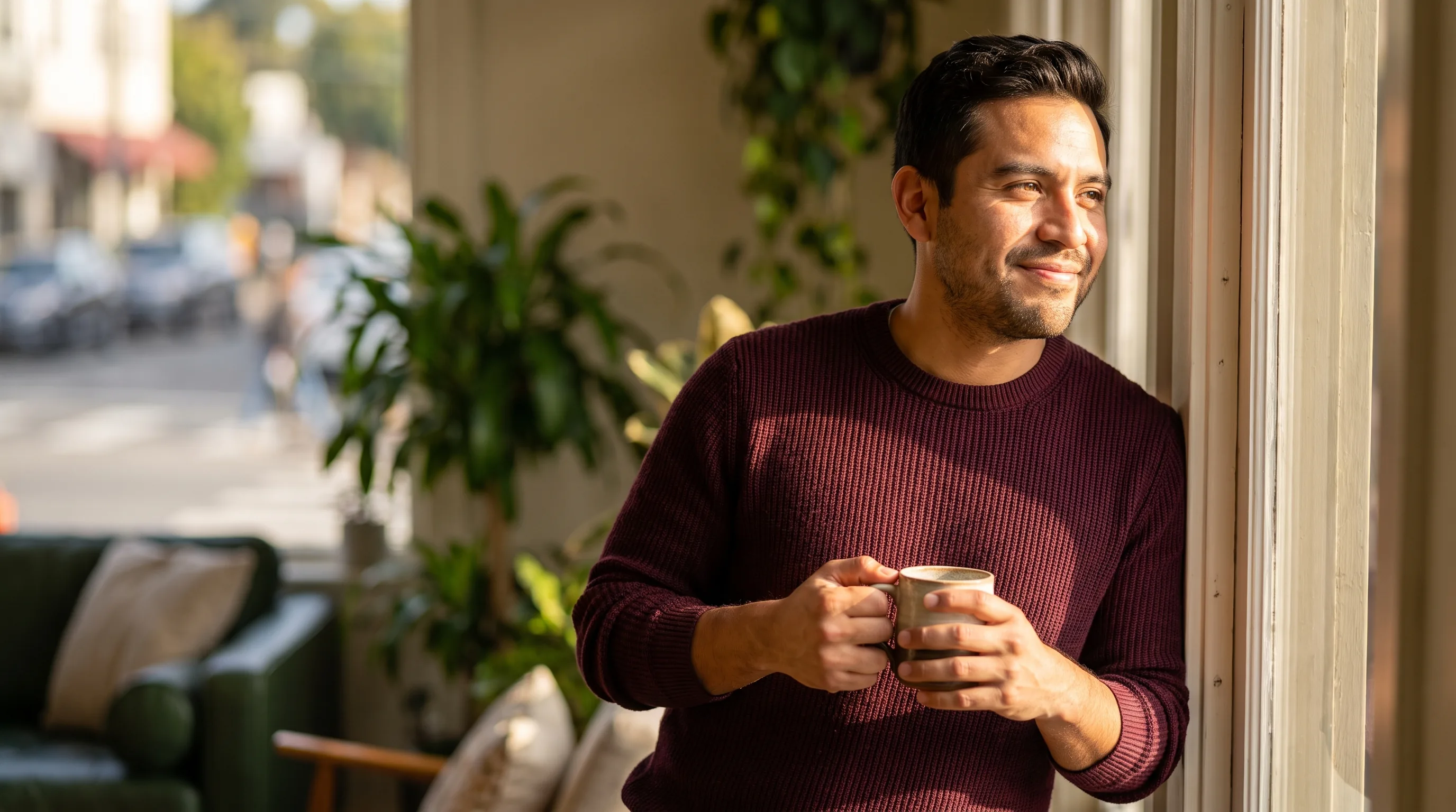 A calm professional pauses by a sunlit window with a warm mug, shoulders relaxed and unhurried