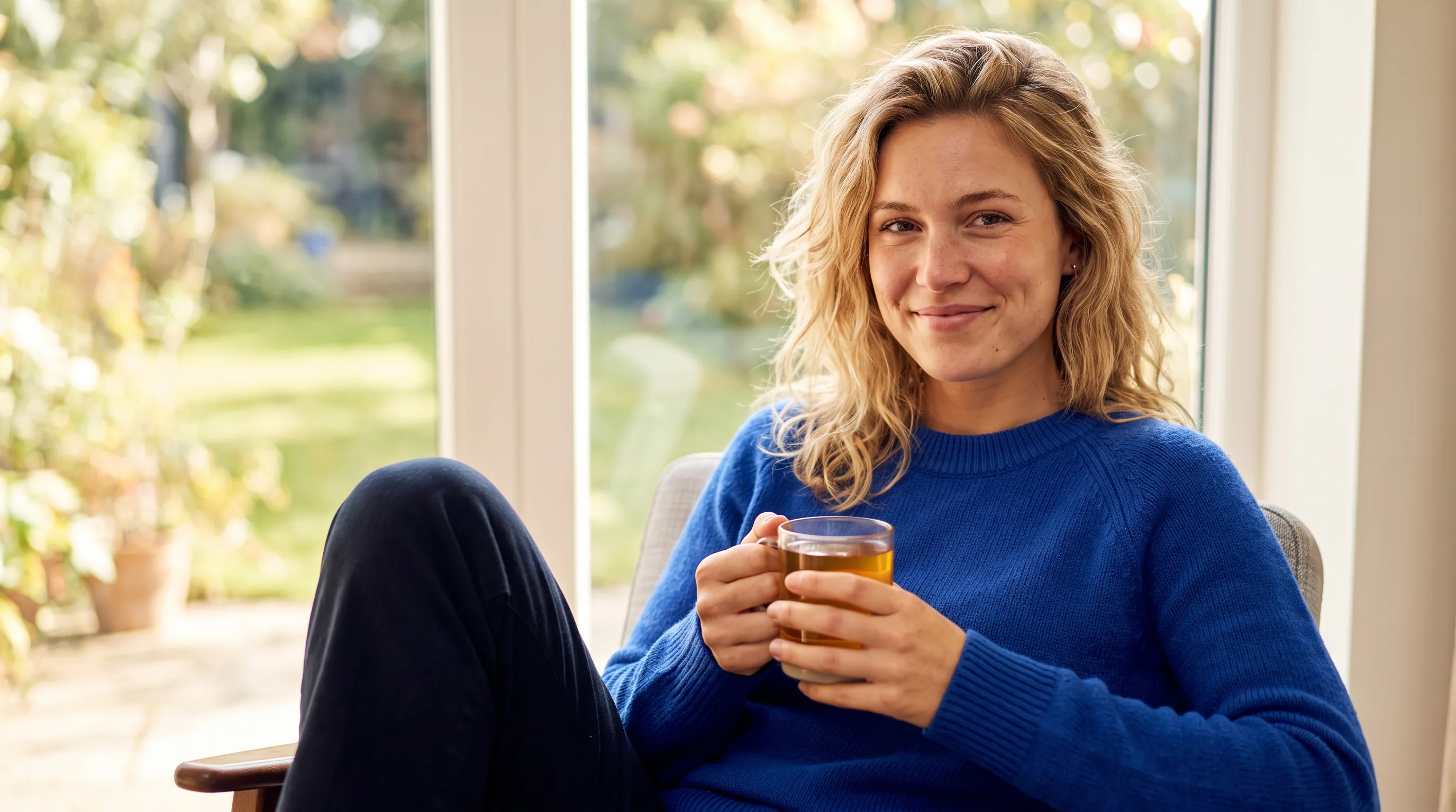 A calm professional in their late twenties sitting by a bright window with a warm drink, relaxed and at ease, taking an unhurried moment