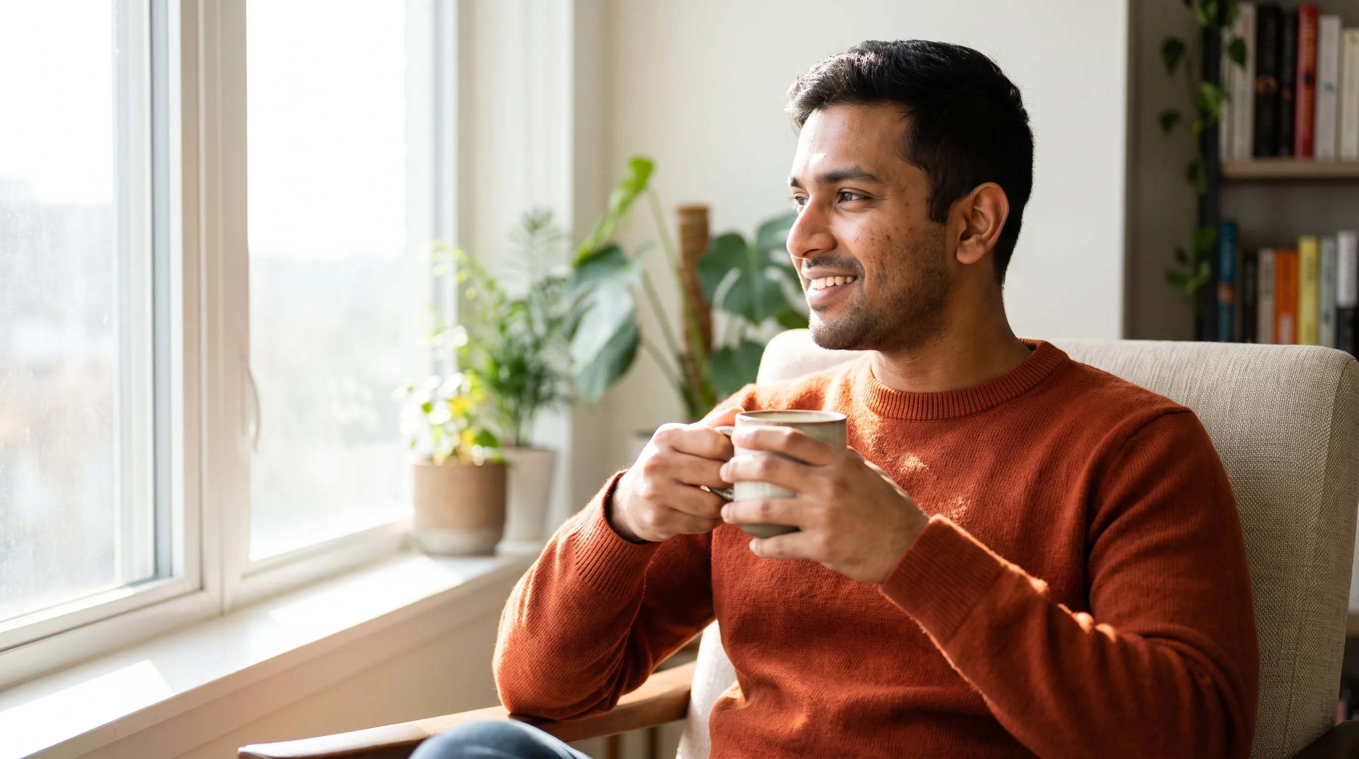 A calm professional in their late twenties sitting by a bright window with a warm drink, relaxed and at ease, taking an unhurried moment