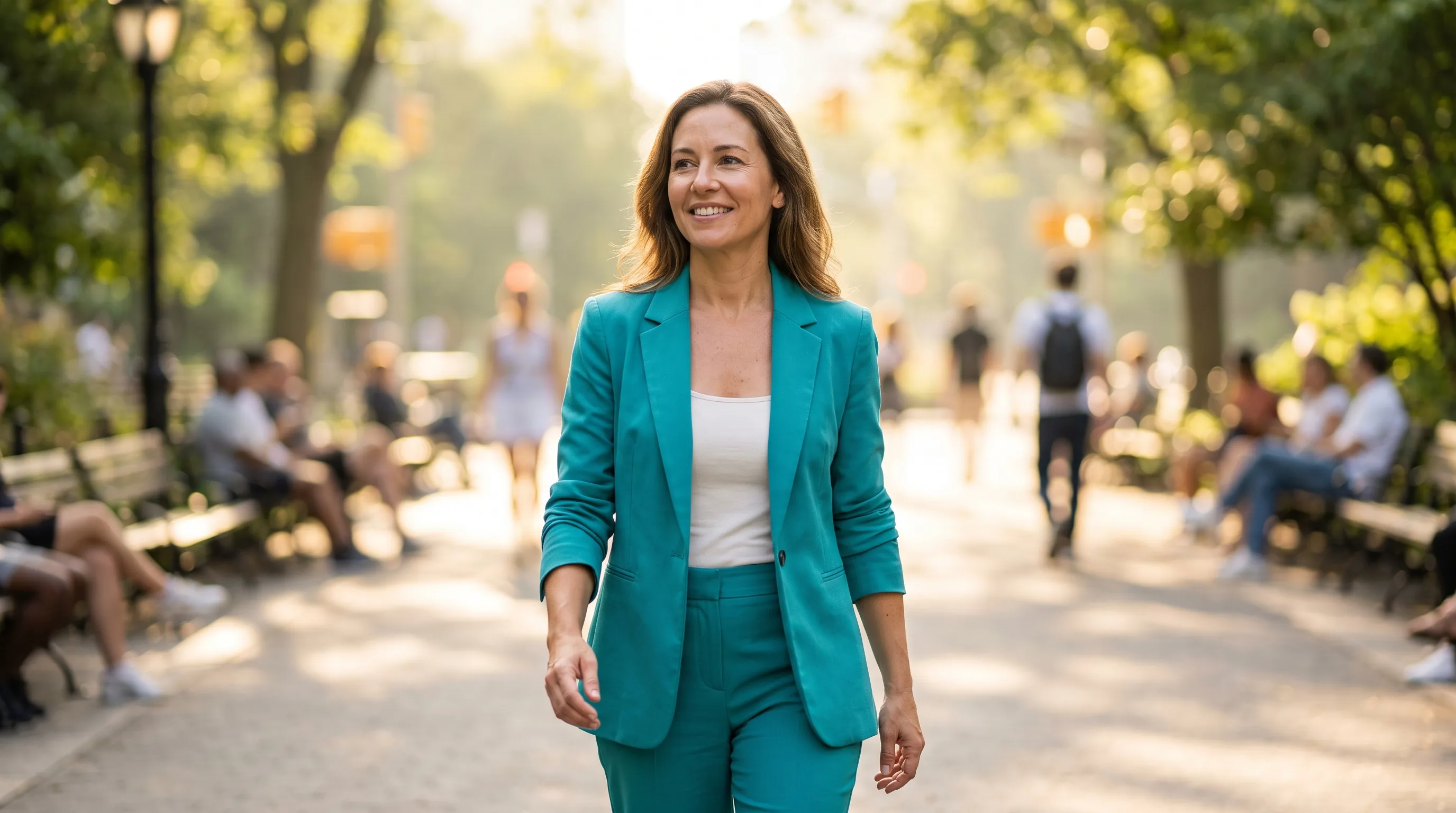 A woman walking with purpose through a park in the morning