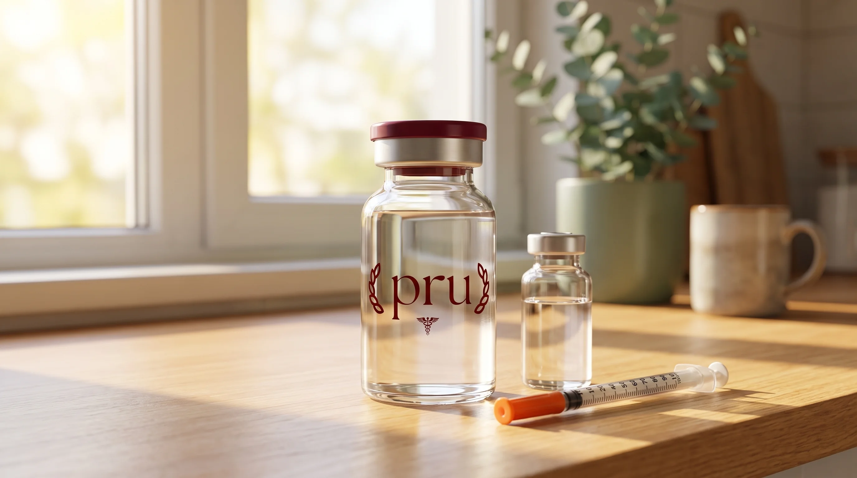 A pru compounded semaglutide vial with bacteriostatic water and a U-100 insulin syringe for at-home reconstitution