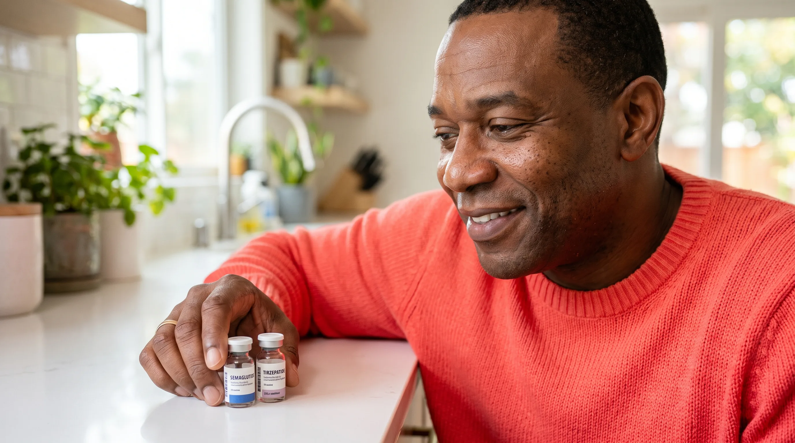 Two pru peptide vials side by side, one labeled semaglutide and one labeled tirzepatide, on a clean white surface