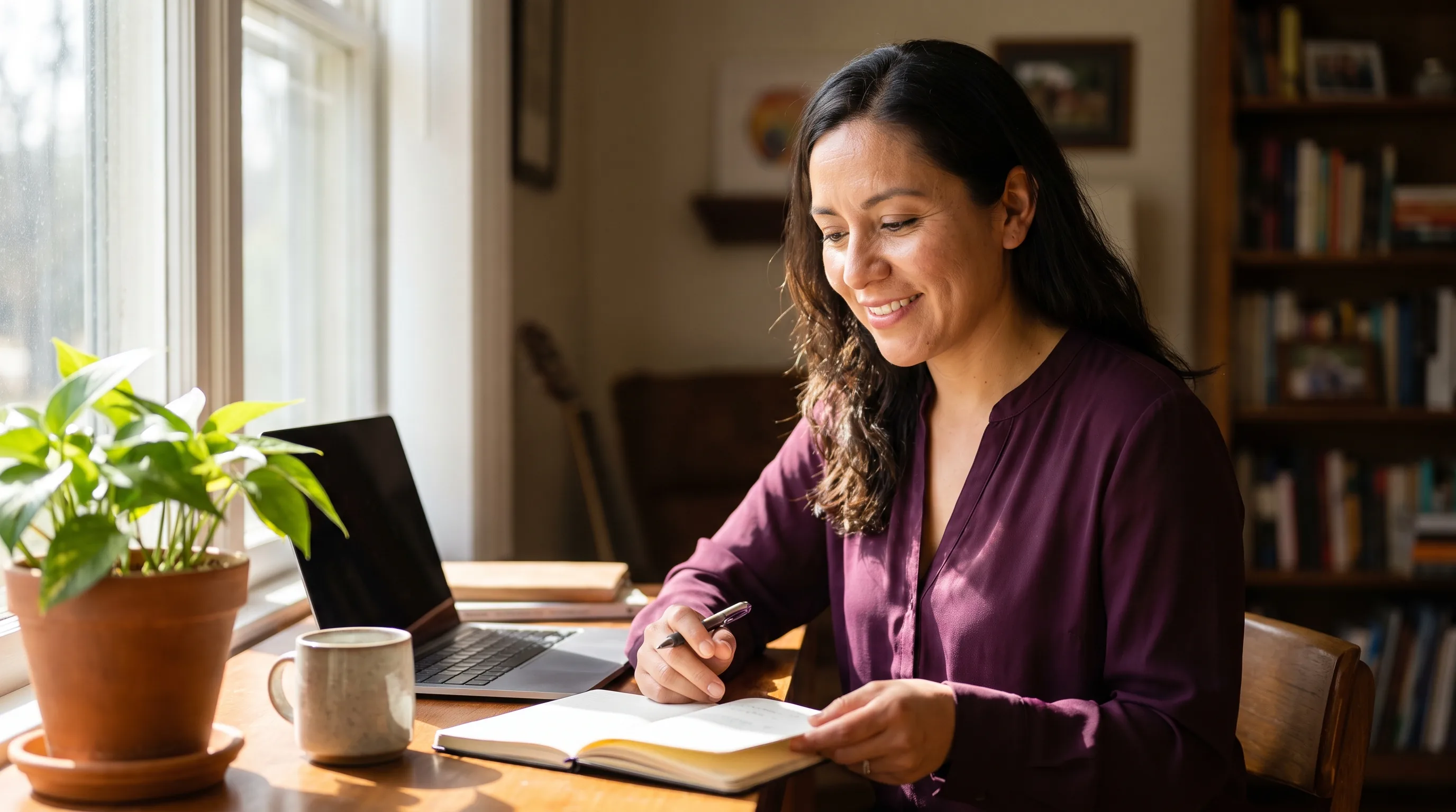 A focused young professional working calmly at a sunlit desk with a clear, unhurried expression