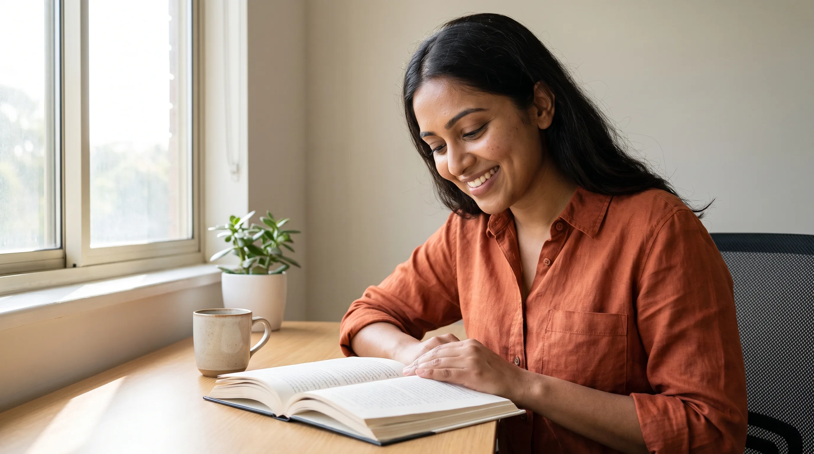 A focused young professional reading at a tidy desk near a bright window, calm and clear-headed in the morning