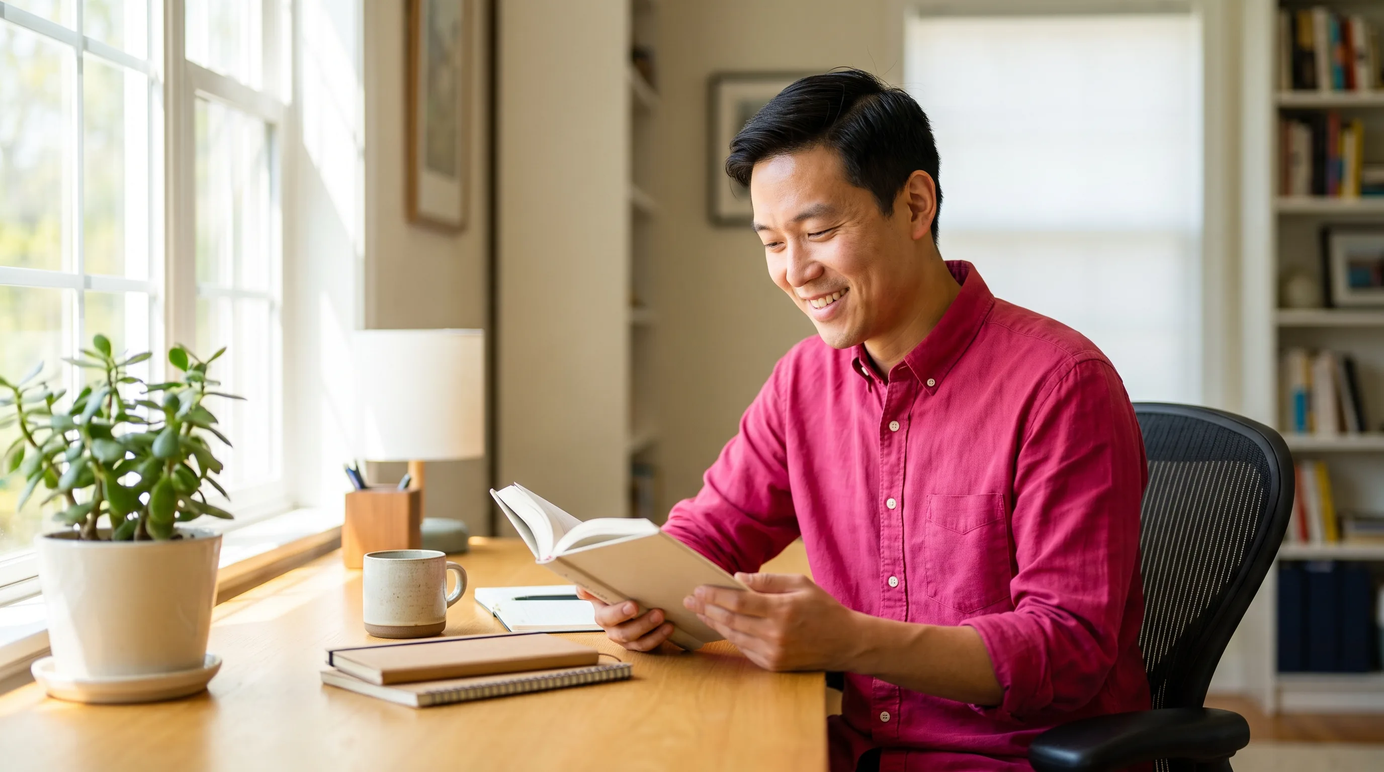 A focused young professional reading at a tidy desk near a bright window, calm and clear-headed in the morning