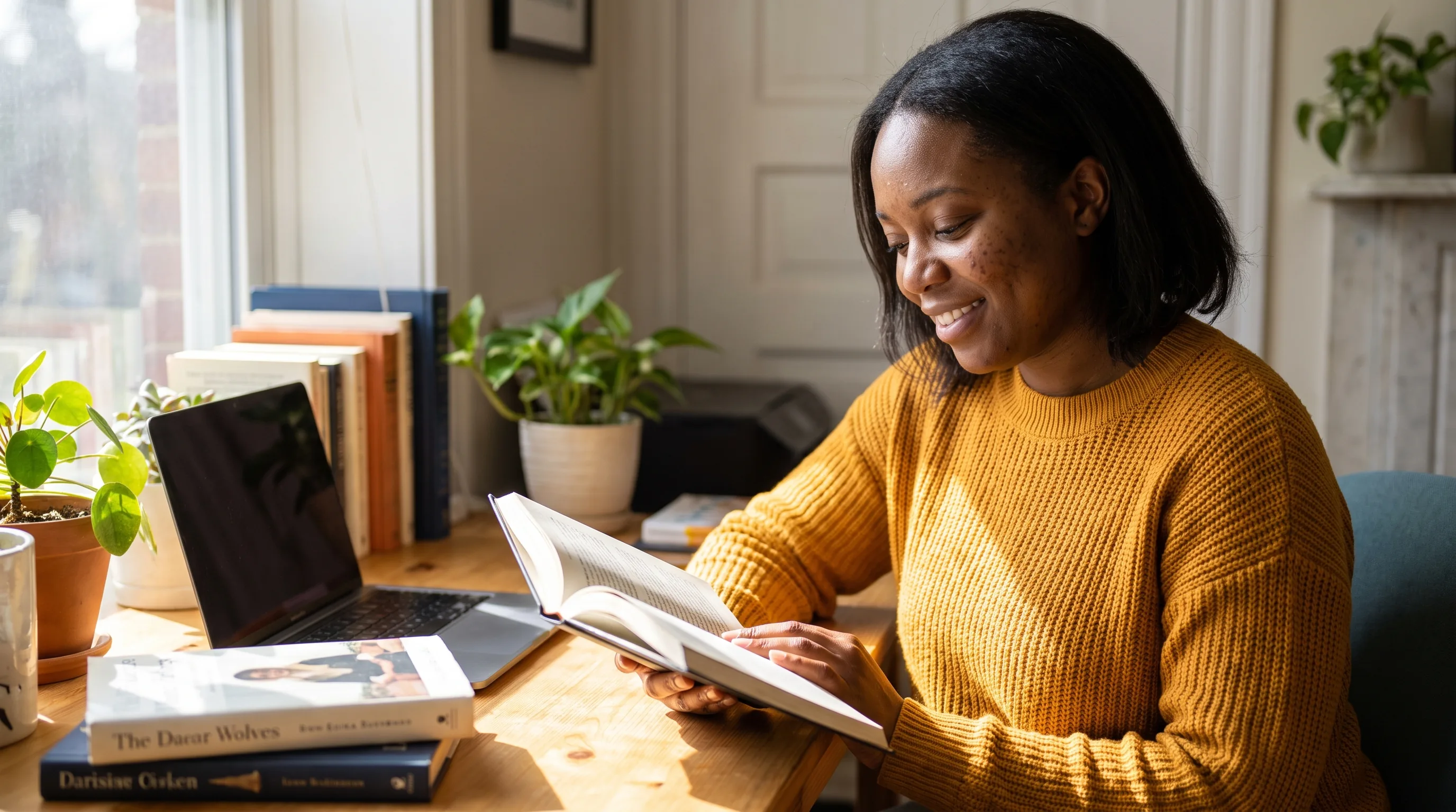 A focused young professional reading at a sunlit desk with a clear, calm head, unhurried and absorbed in the work