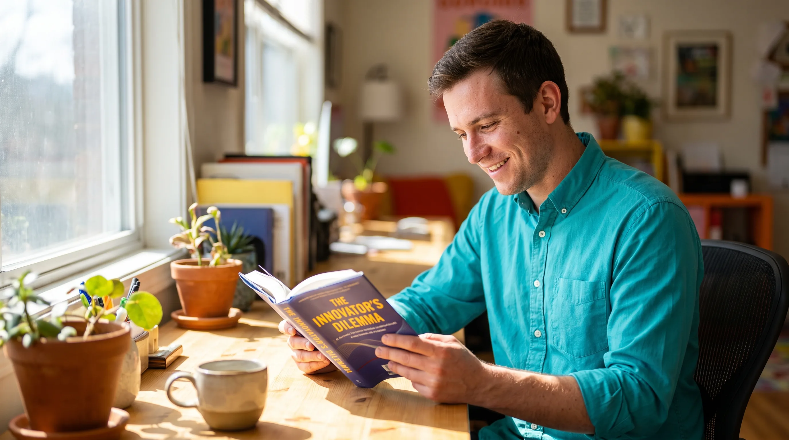 A focused young professional reading at a sunlit desk with a clear, calm head, unhurried and absorbed in the work