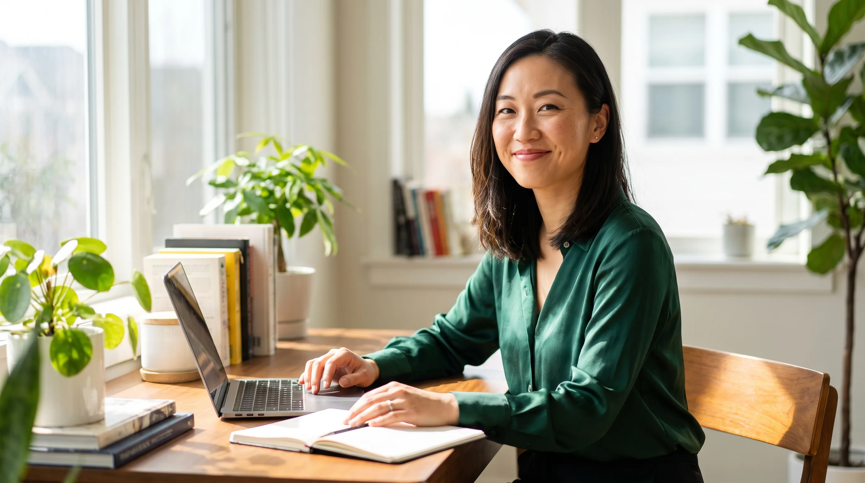 A focused young professional working calmly at a sunlit desk with a clear, unhurried expression
