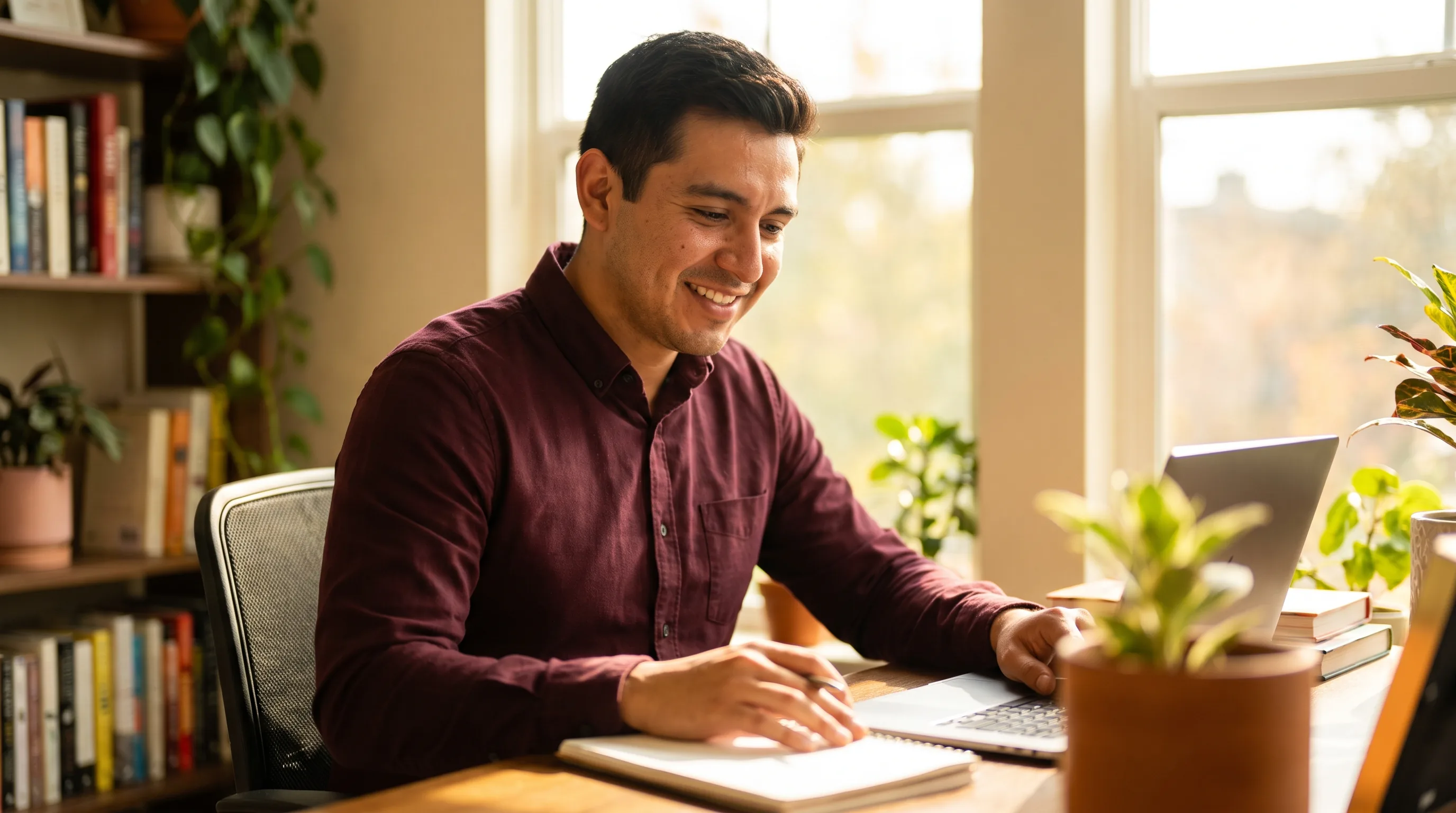 A focused young professional working calmly at a sunlit desk with a clear, unhurried expression