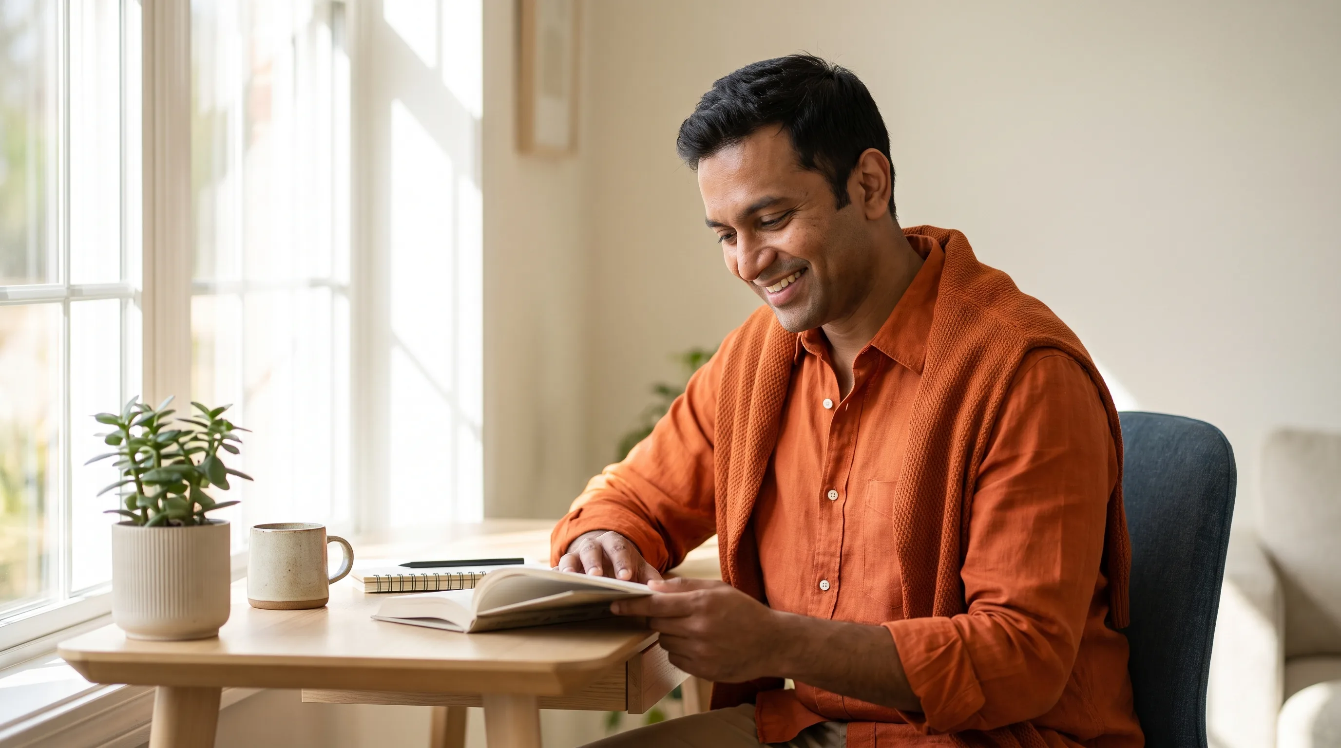 A focused knowledge worker reading at a tidy desk by a bright window, calm and clear-headed, unhurried
