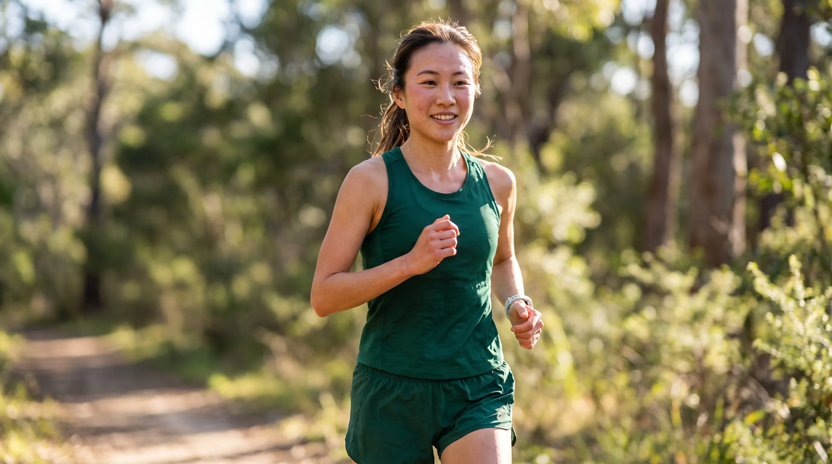 A lean, athletic woman in their 20s running on a trail