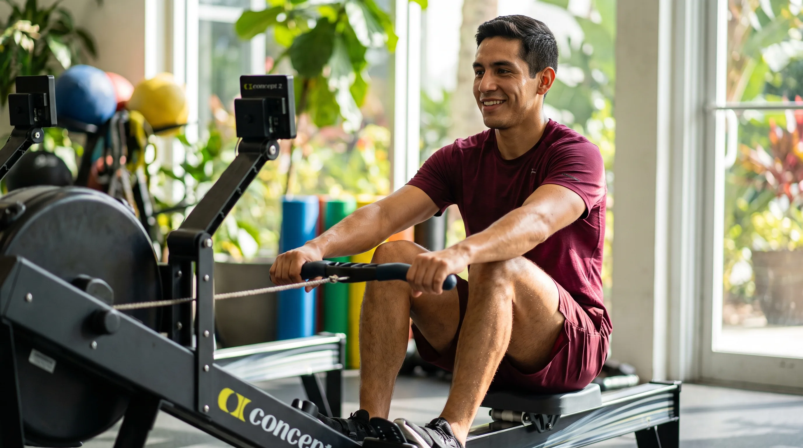 A lean, athletic man in their 20s rowing on an erg machine
