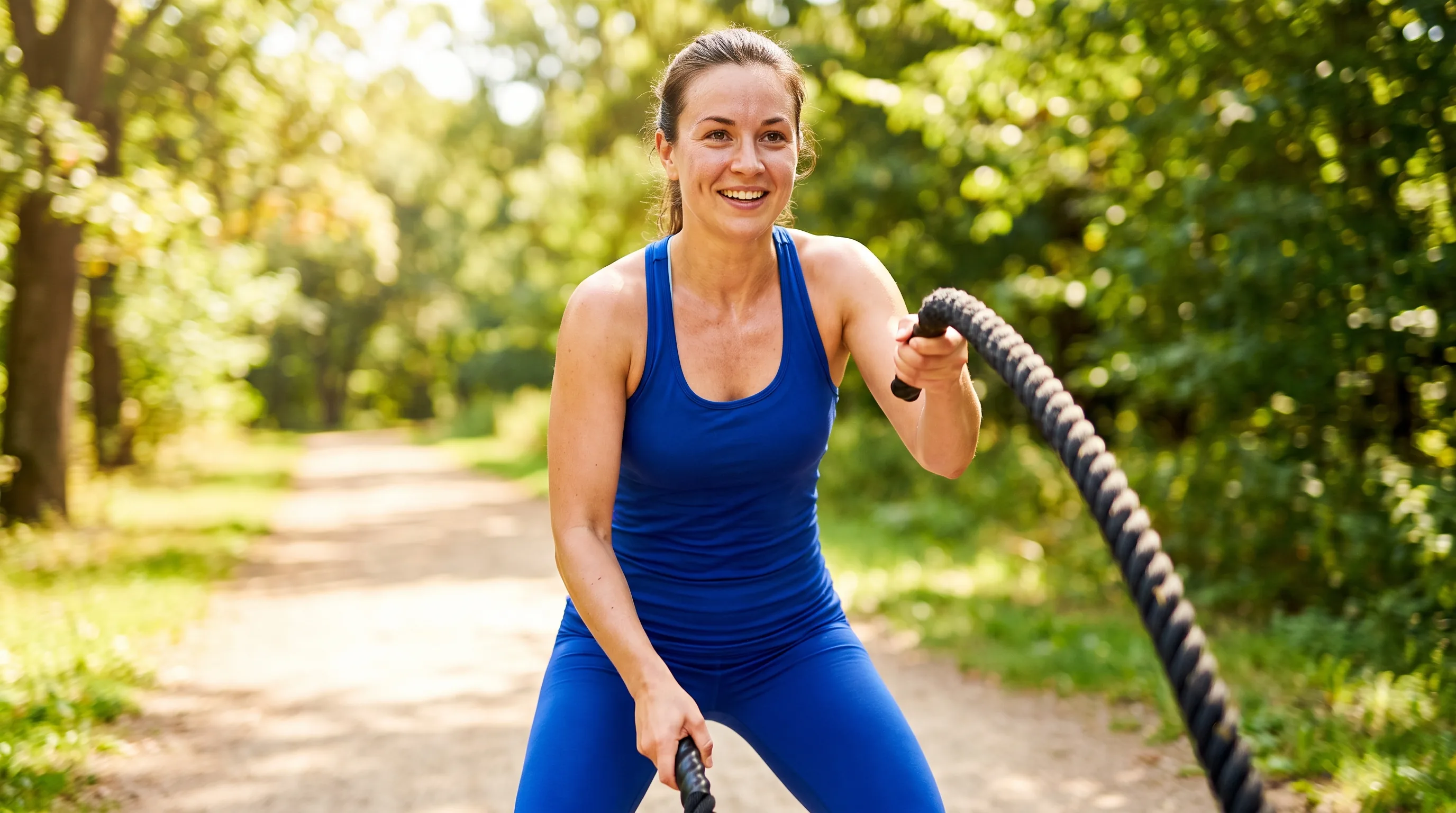 A lean, athletic woman in their 20s training with battle ropes