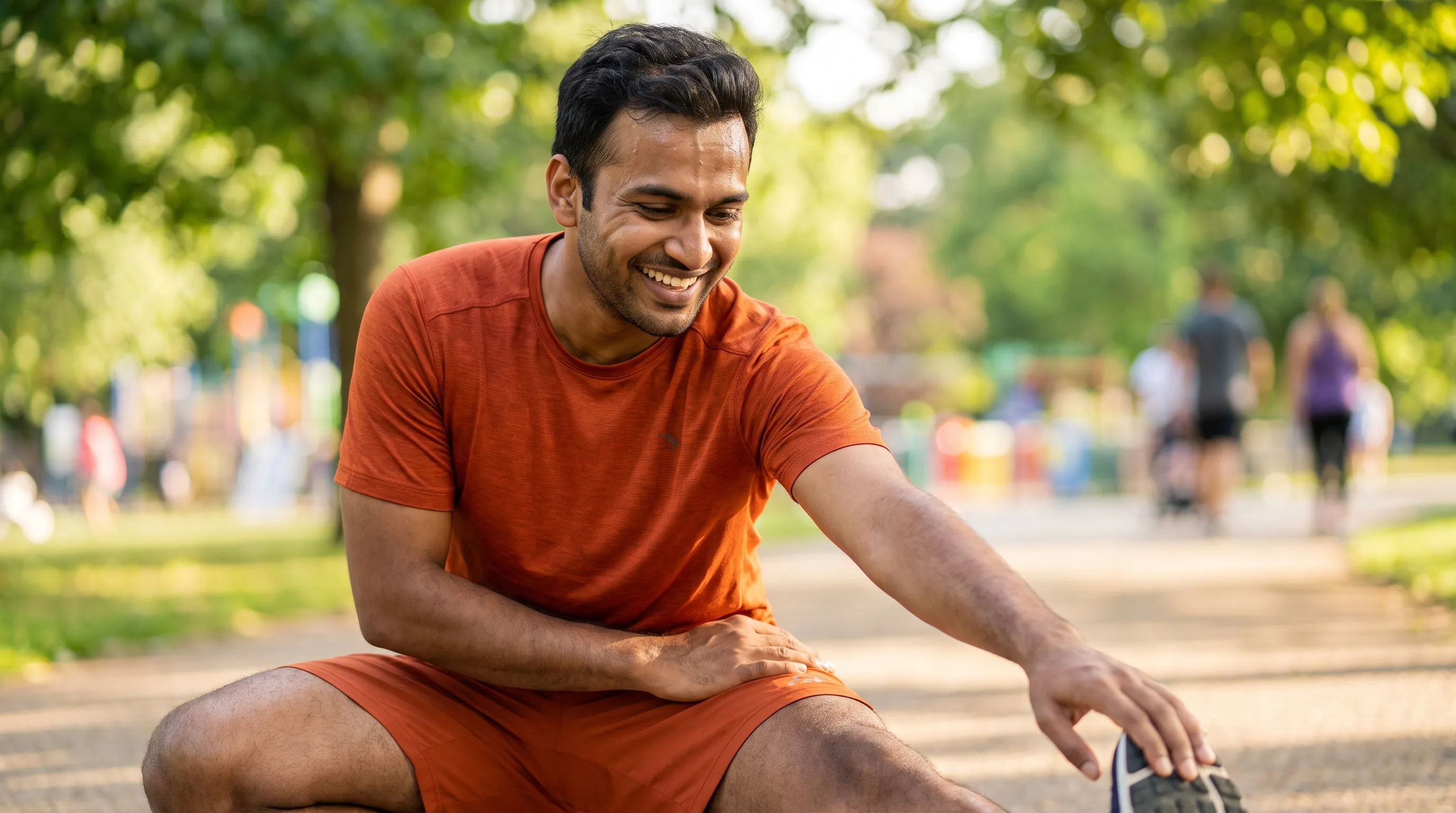 A lean, athletic man in their 20s stretching after a run
