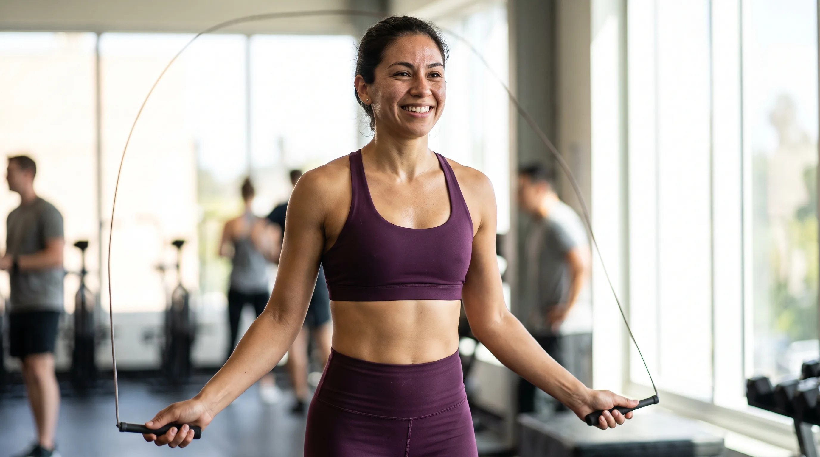 A lean, athletic woman in their 20s jumping rope in a gym