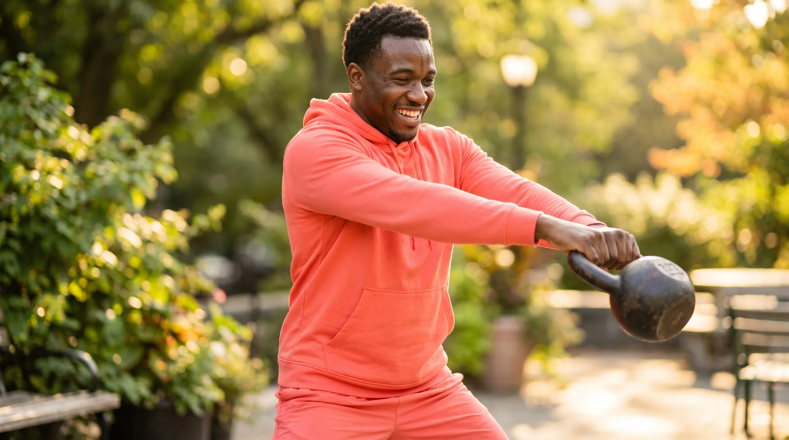 A lean, athletic man in their 20s training with a kettlebell
