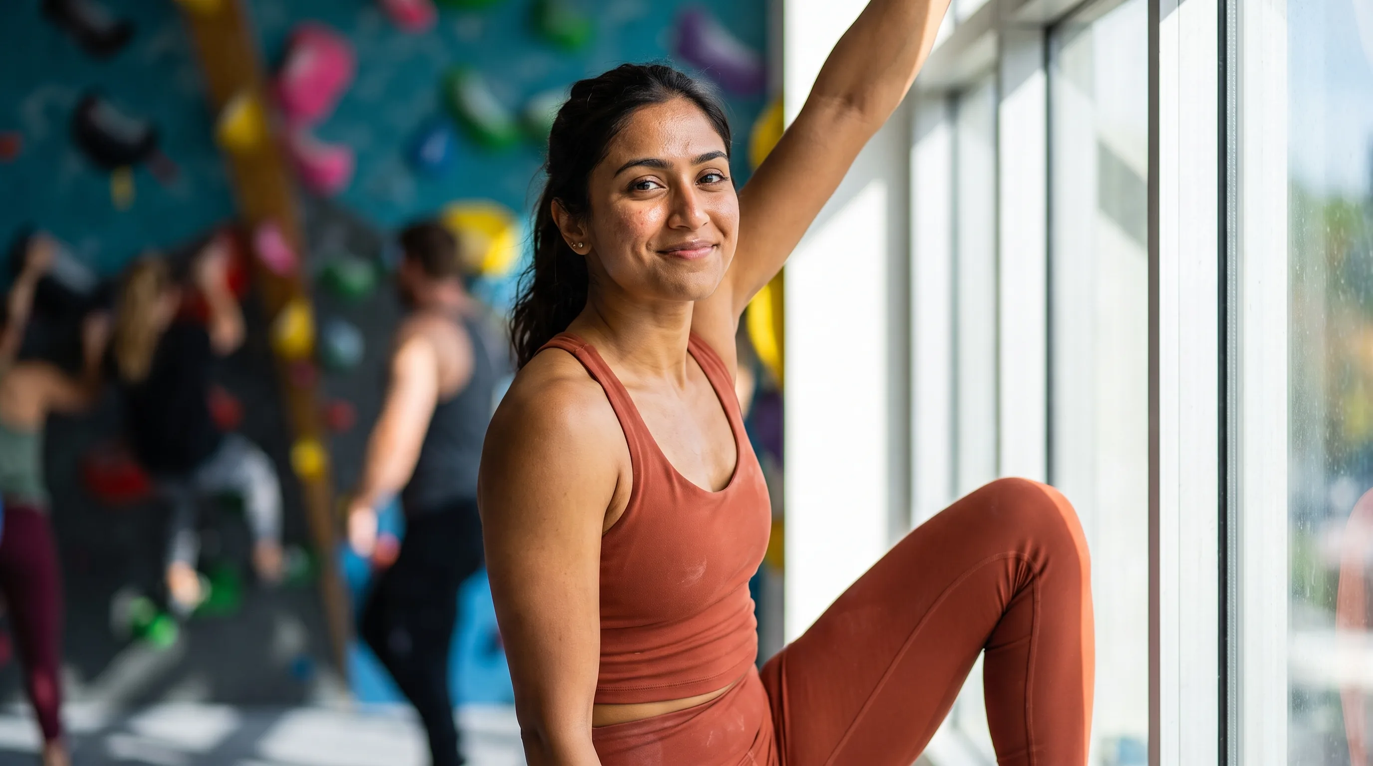 A lean, athletic woman in their 20s climbing a bouldering wall