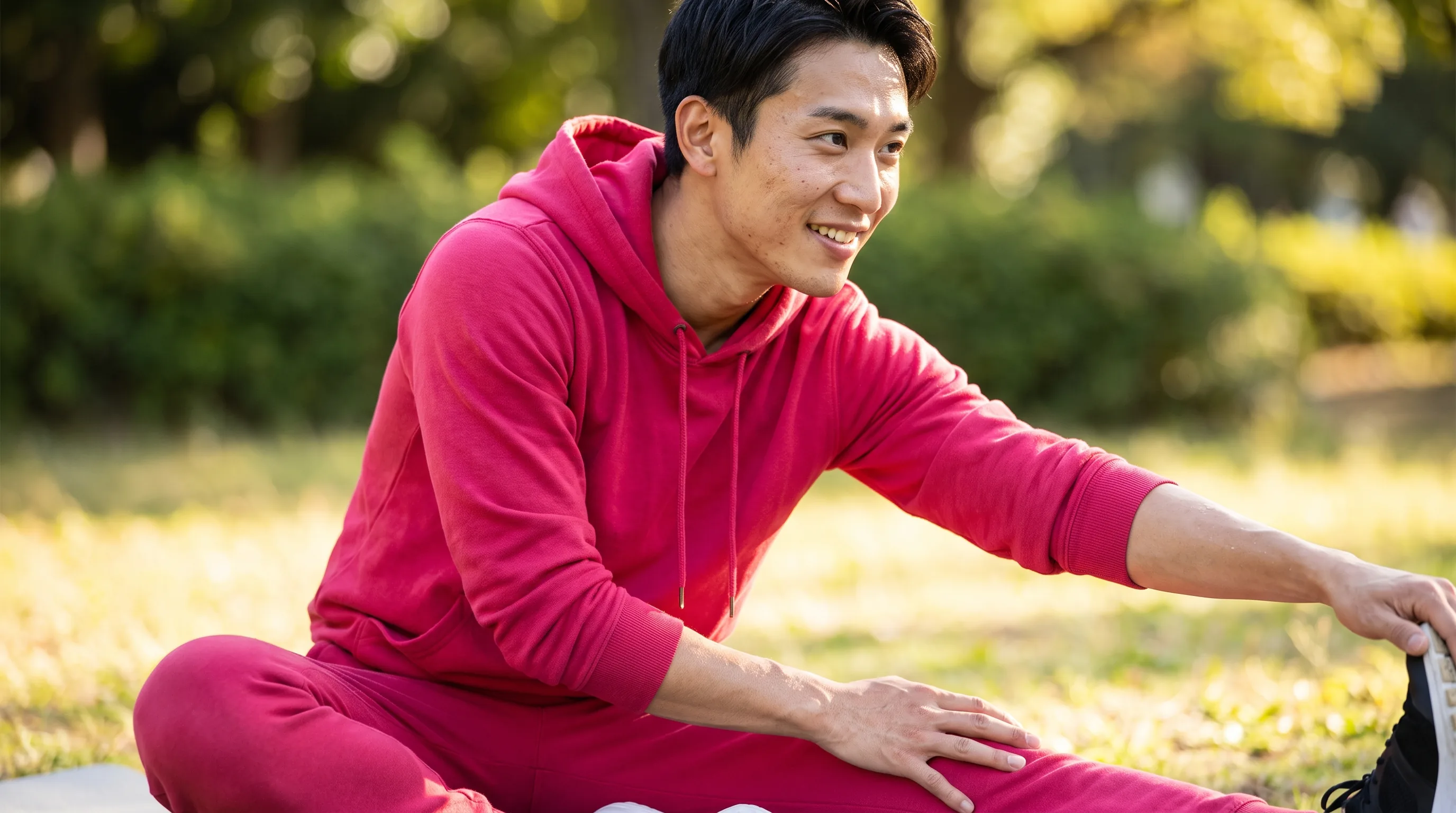 A lean, athletic man in their 20s stretching after training