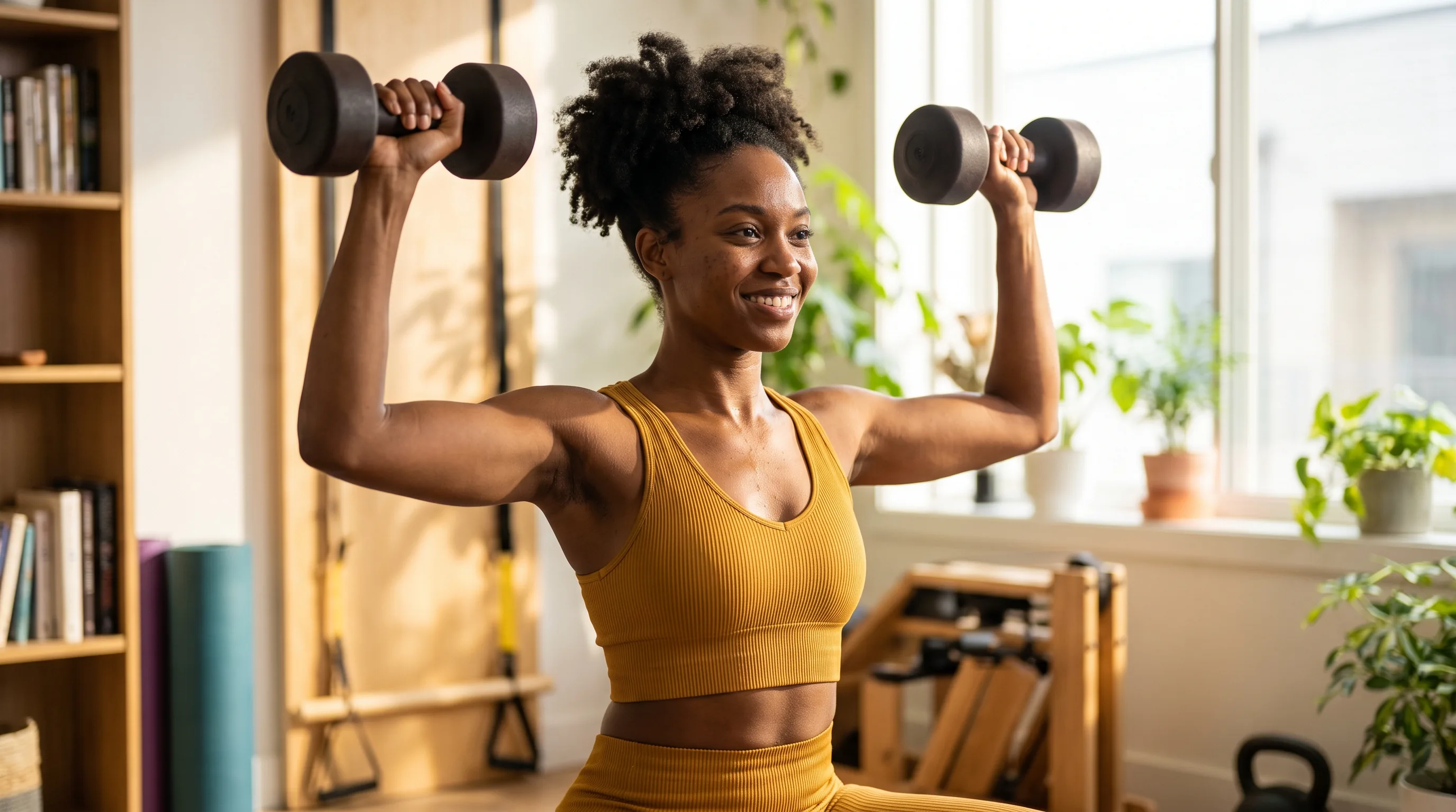 A lean, athletic woman in their 20s pressing dumbbells in a home gym