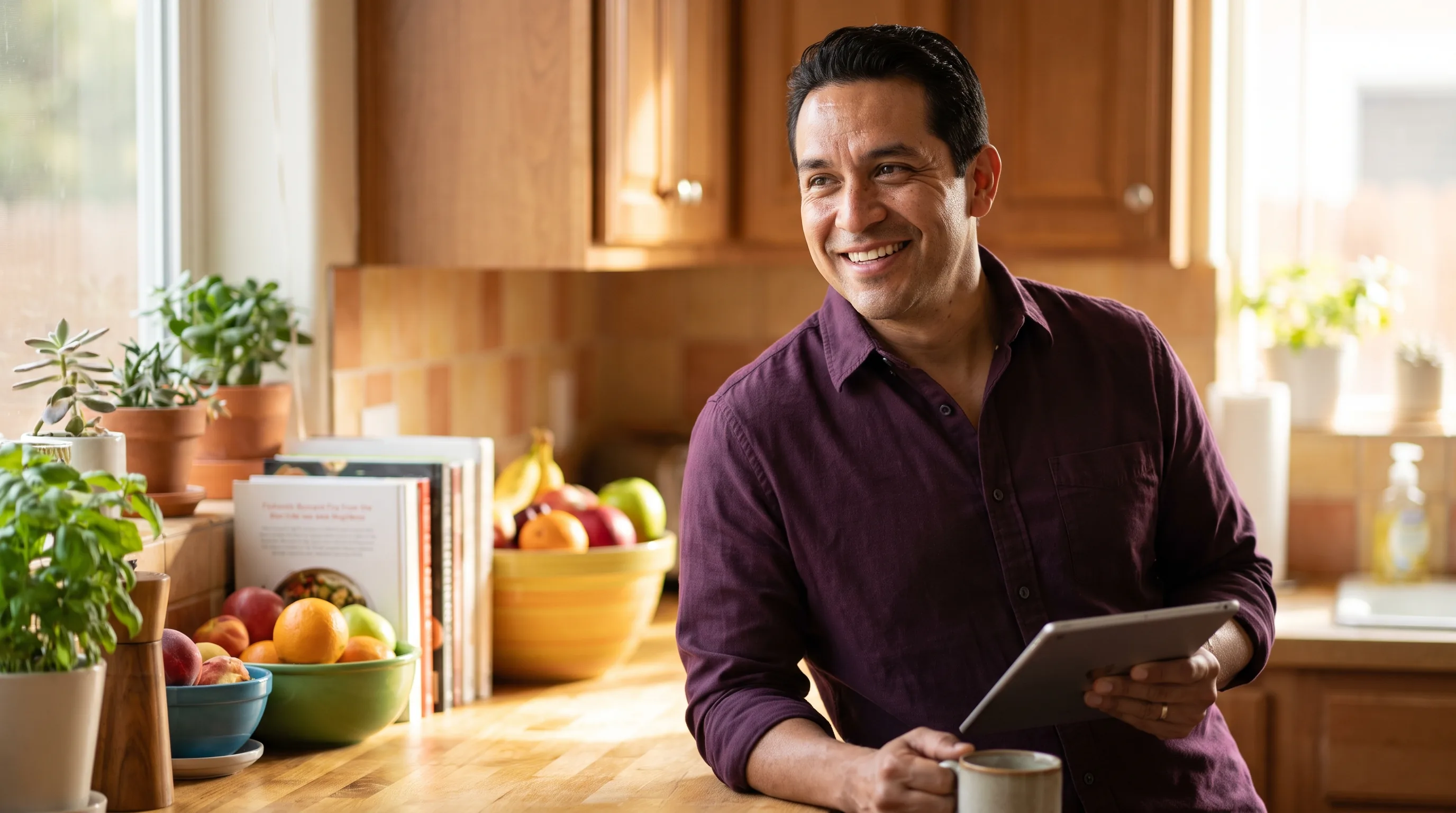 A warm, colorful photo of a smiling, healthy adult in a sunlit kitchen, relaxed and confident, the kind of person comparing providers and ready to switch