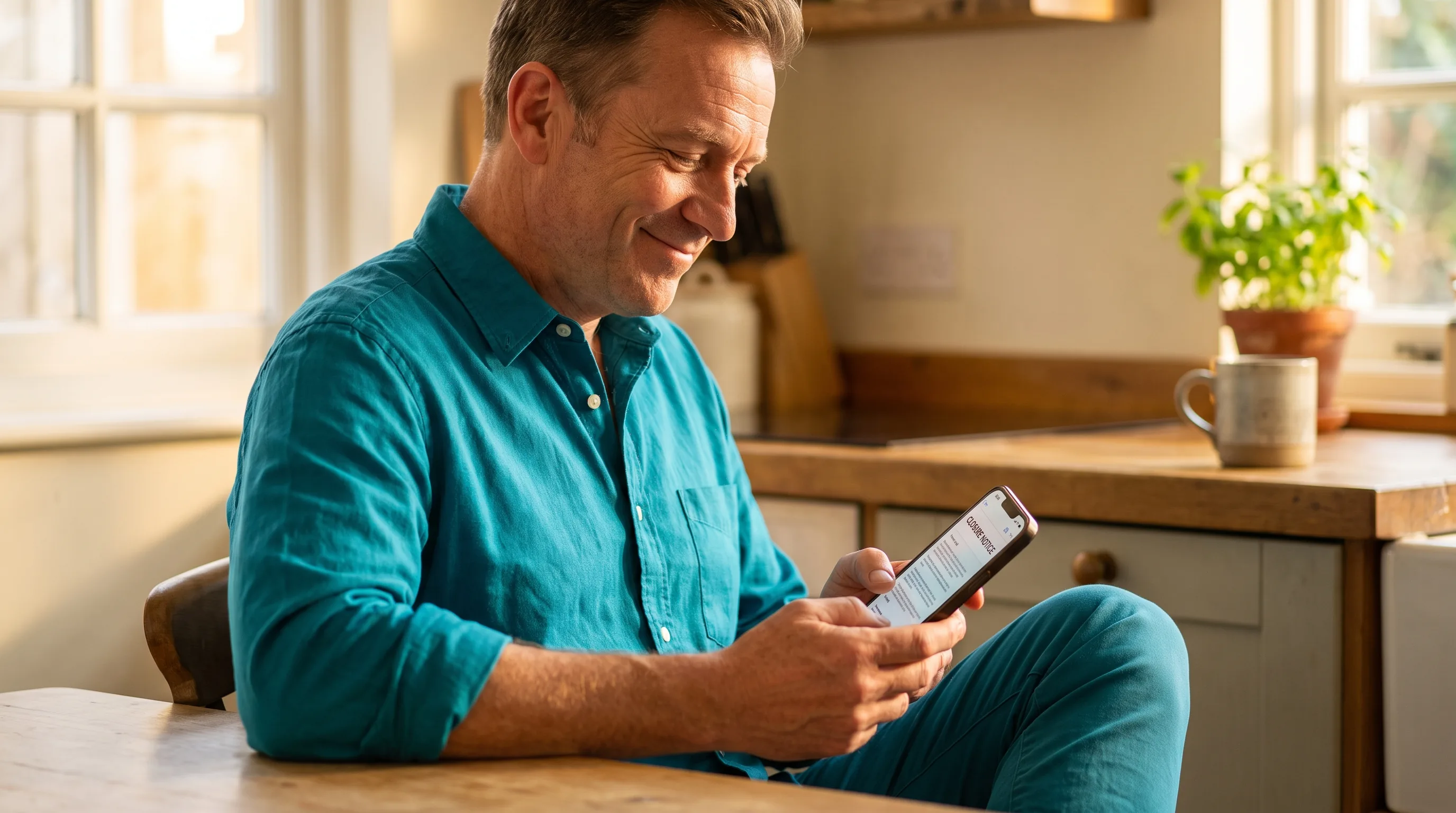 A calm adult sitting at a kitchen table in morning light, phone in hand, reading a closure notice and deciding to switch to a path that stays accountable