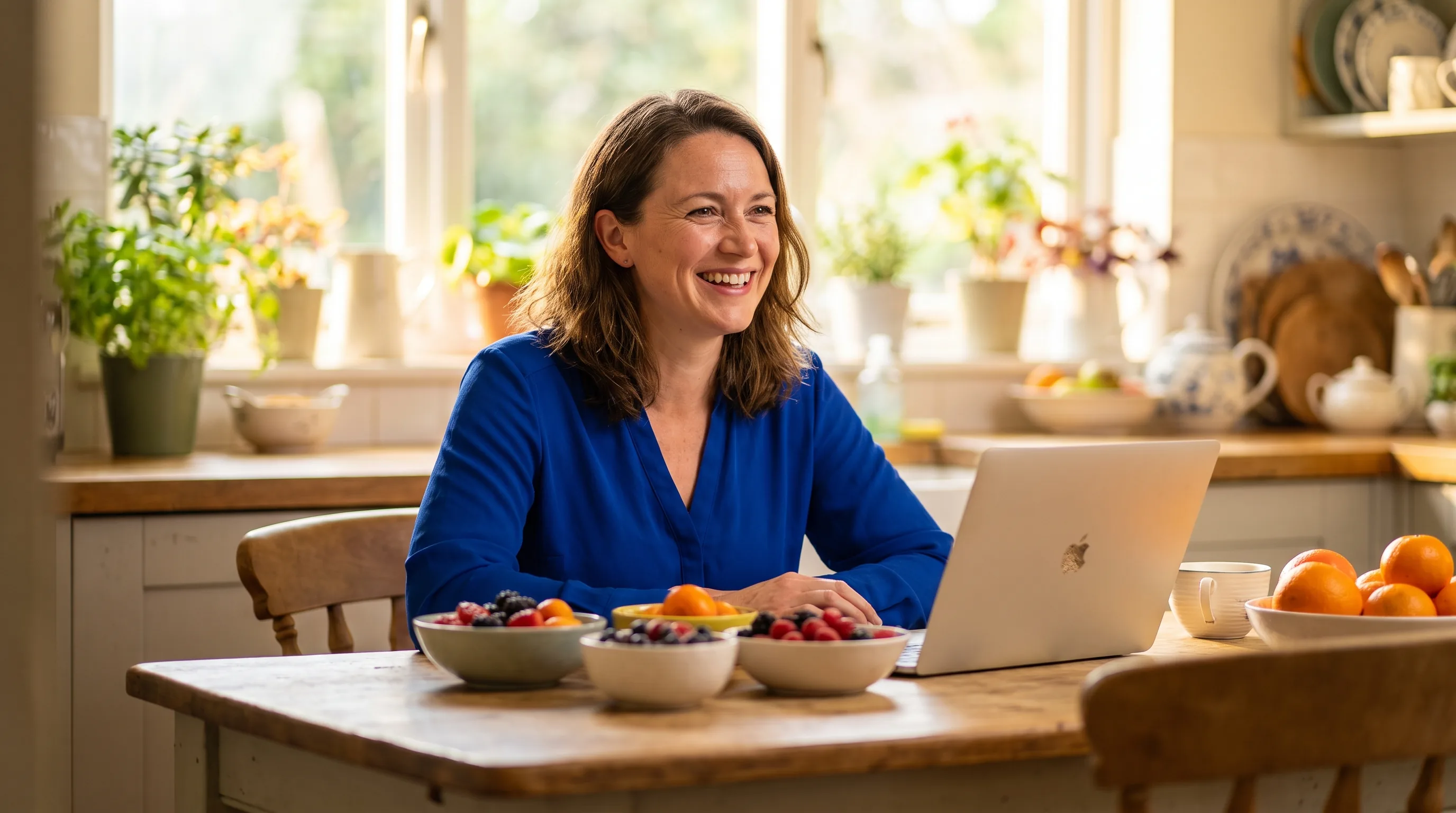 A cheerful, healthy woman in her thirties laughing in bright morning light at a sunlit kitchen table, colorful fruit and a laptop nearby