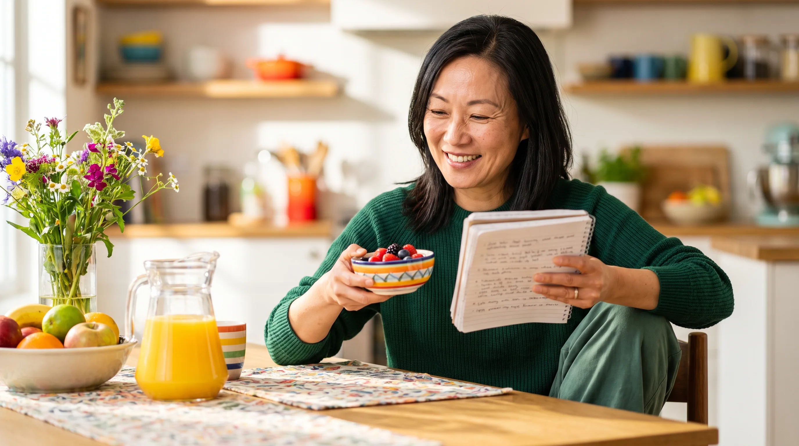 A warm, happy, colorful photo of a healthy adult smiling as they weigh two options at a bright kitchen table