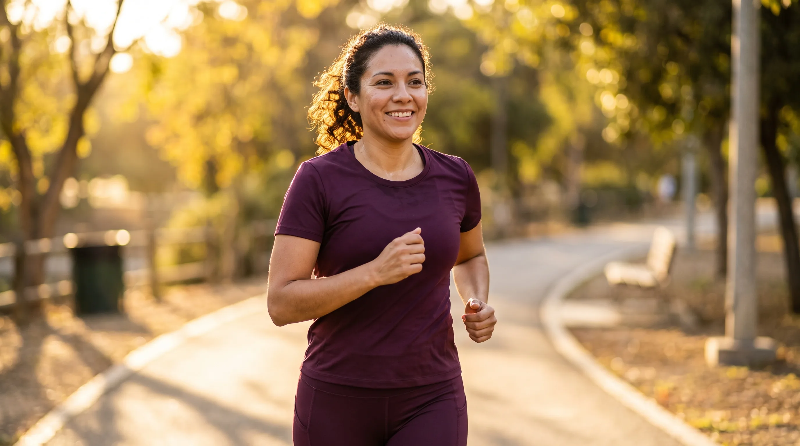 A fit runner in her 30s easing back into a light jog on a park path at golden hour, relaxed and mid-stride