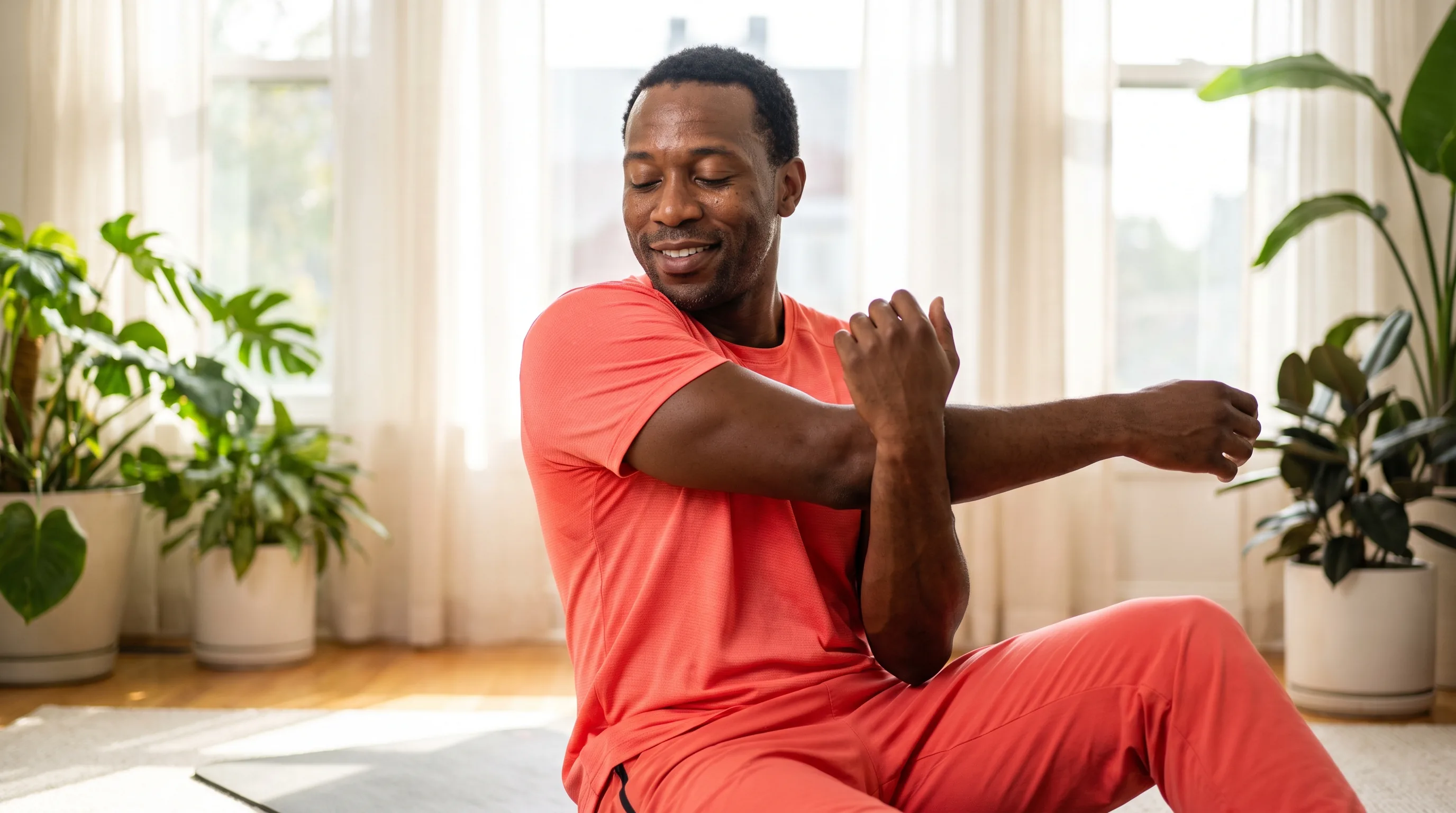 A fit adult in athletic wear doing calm mobility work on a mat, easing a healing shoulder through a slow stretch in a bright room
