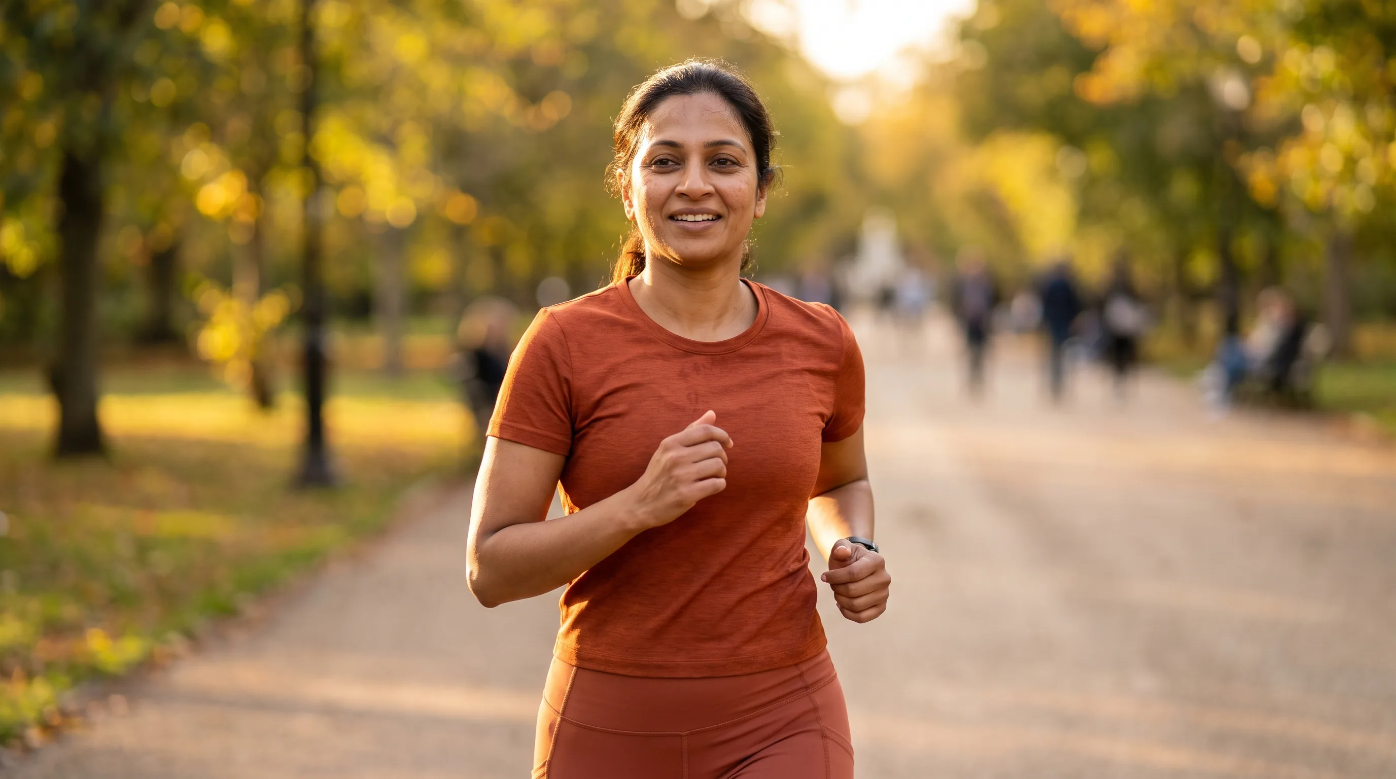 Athletic woman in her 30s easing back into a light jog on a park path at golden hour, relaxed and mid-recovery