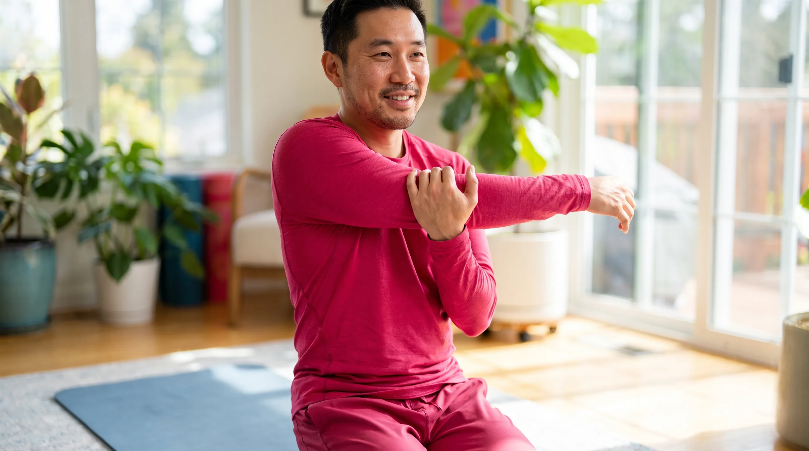 Fit adult in their 30s doing calm mobility work on a mat, easing a healing shoulder through a slow stretch in bright home light