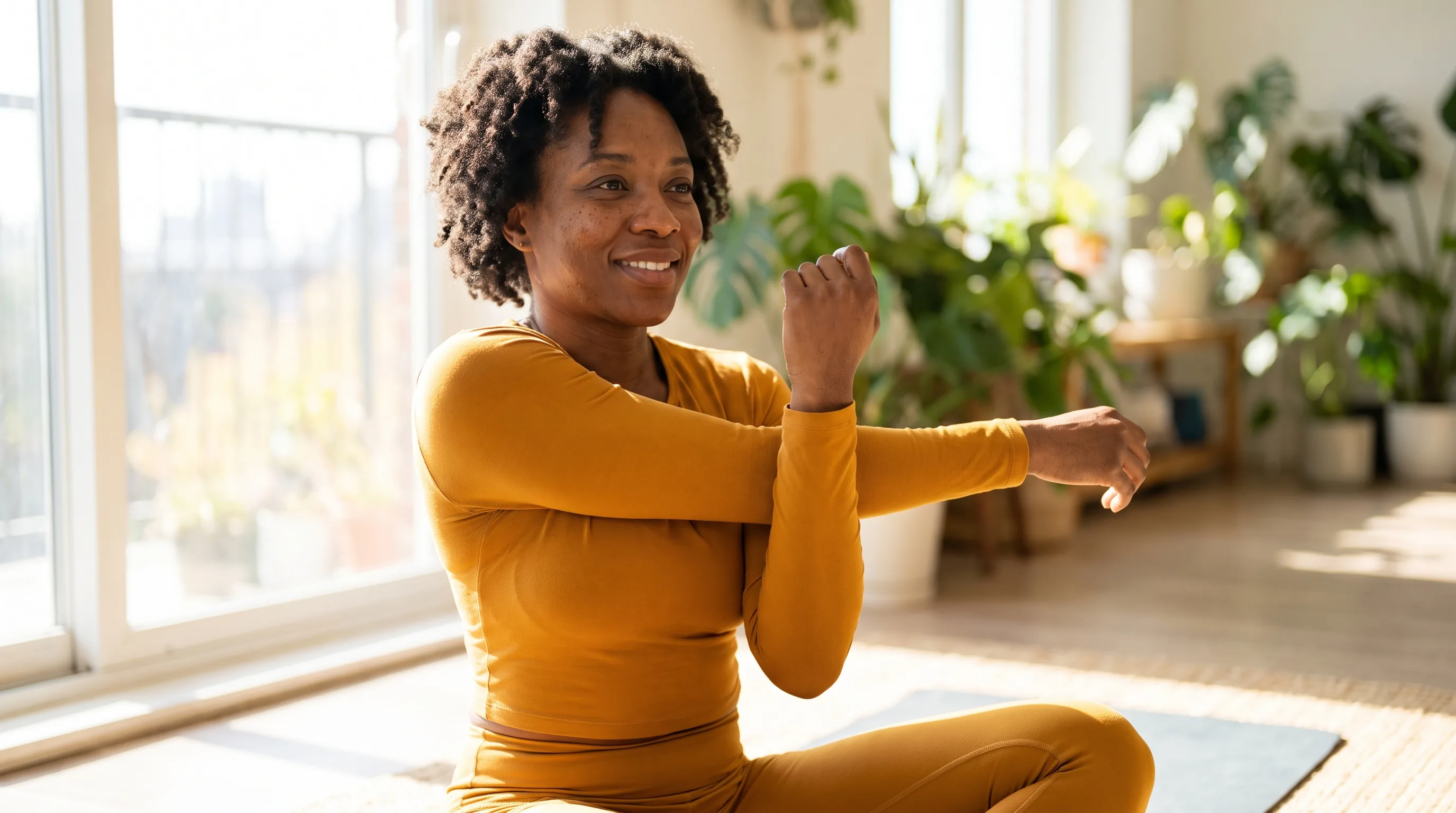 A fit adult in athletic wear doing calm mobility work on a mat by a bright window, easing a healing shoulder through a gentle stretch