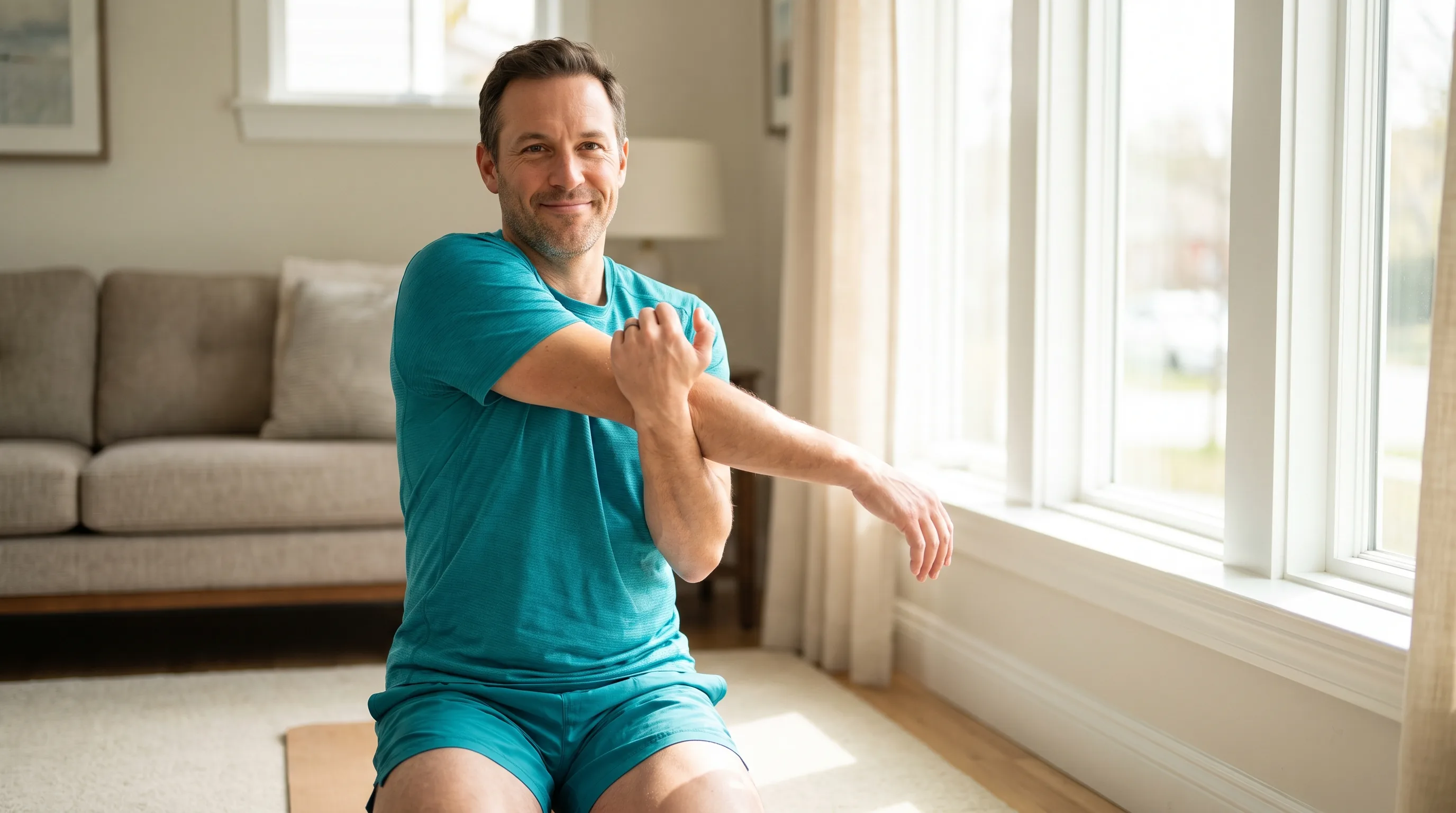 A fit adult in athletic wear doing calm mobility work on a mat by a bright window, easing a healing shoulder through a gentle stretch