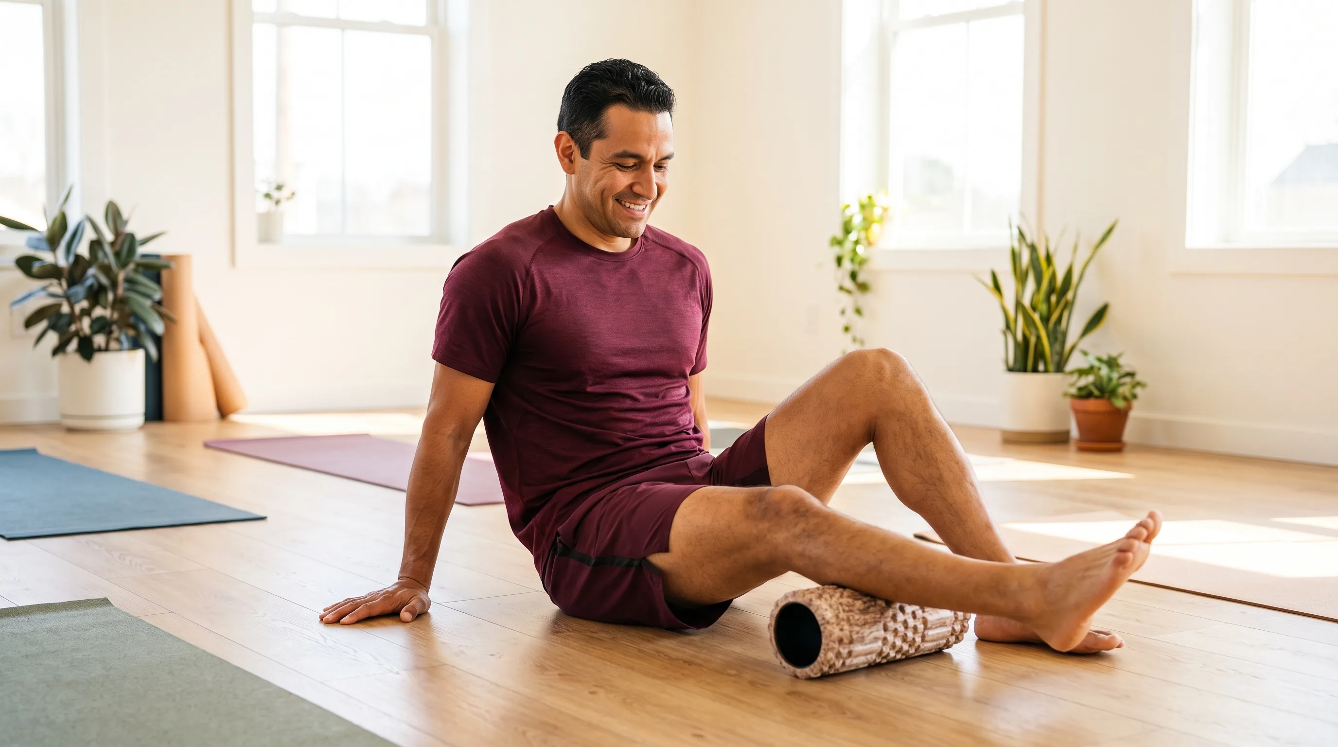 A fit adult in workout clothes foam-rolling a calf on a bright wood floor during a calm recovery session