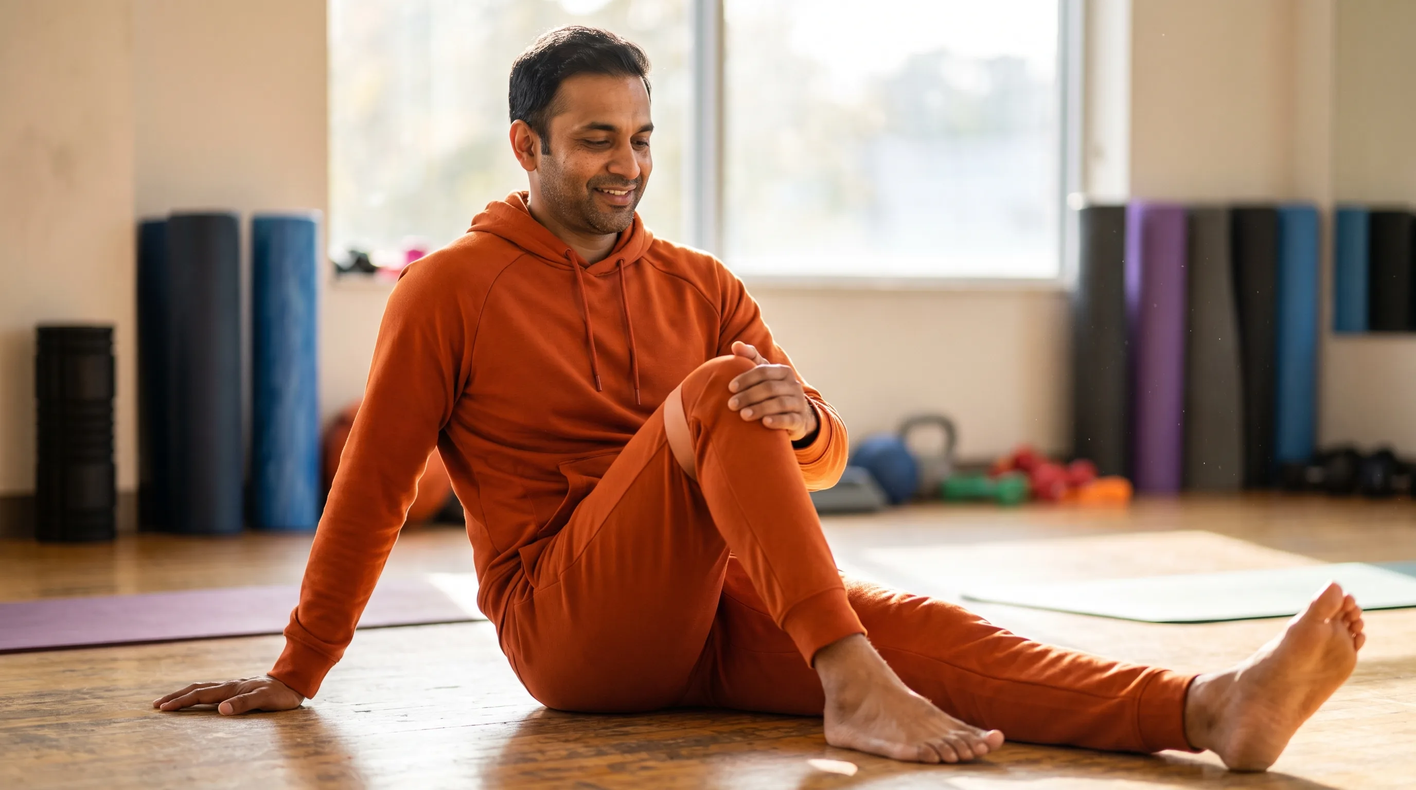 A fit adult in athletic wear sitting on a gym floor doing slow mobility work on a healing knee, calm and focused in soft morning light