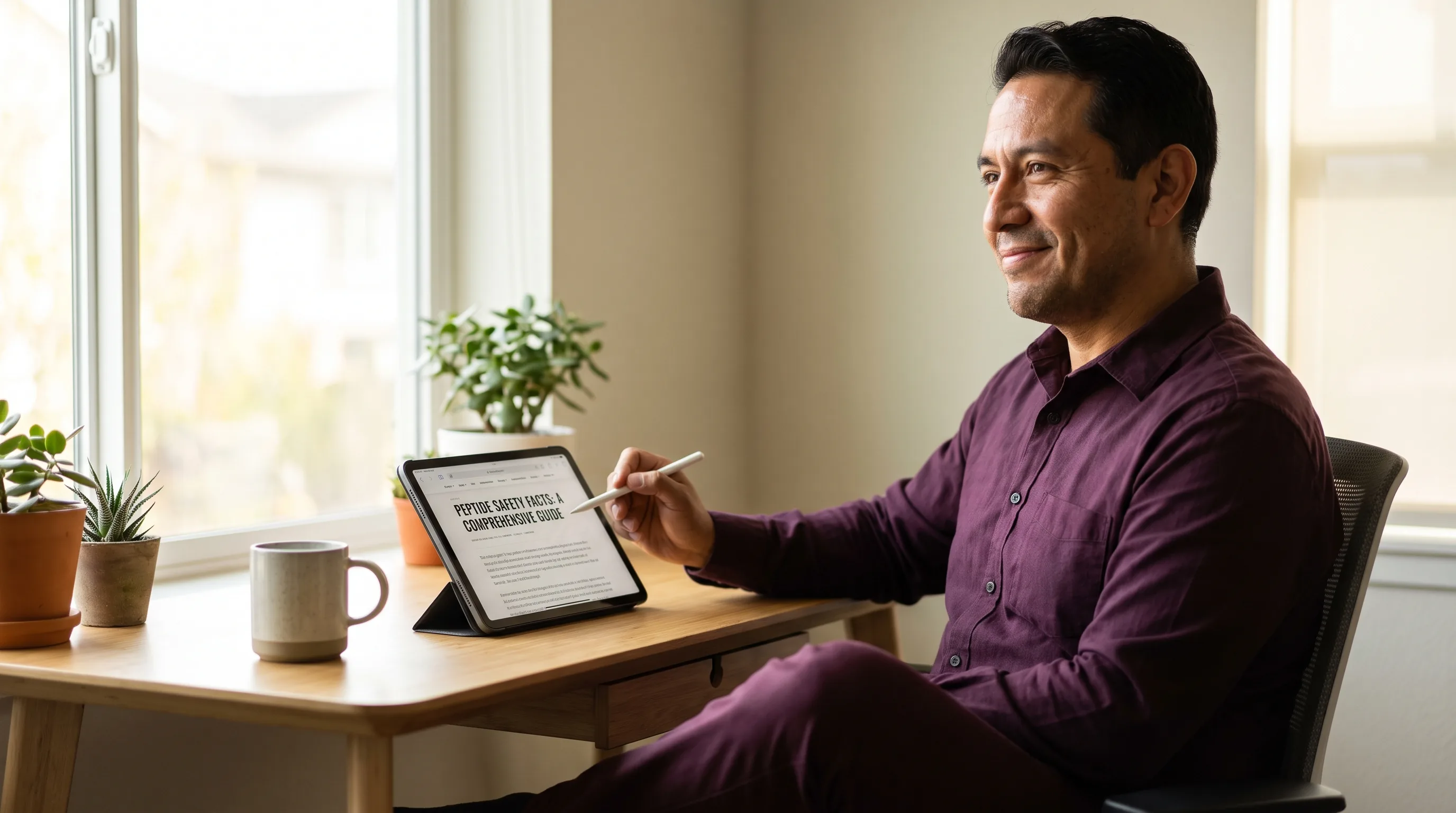 A calm man in his 40s reading about peptide safety on a tablet at a tidy desk, morning light, taking his time to consider the facts