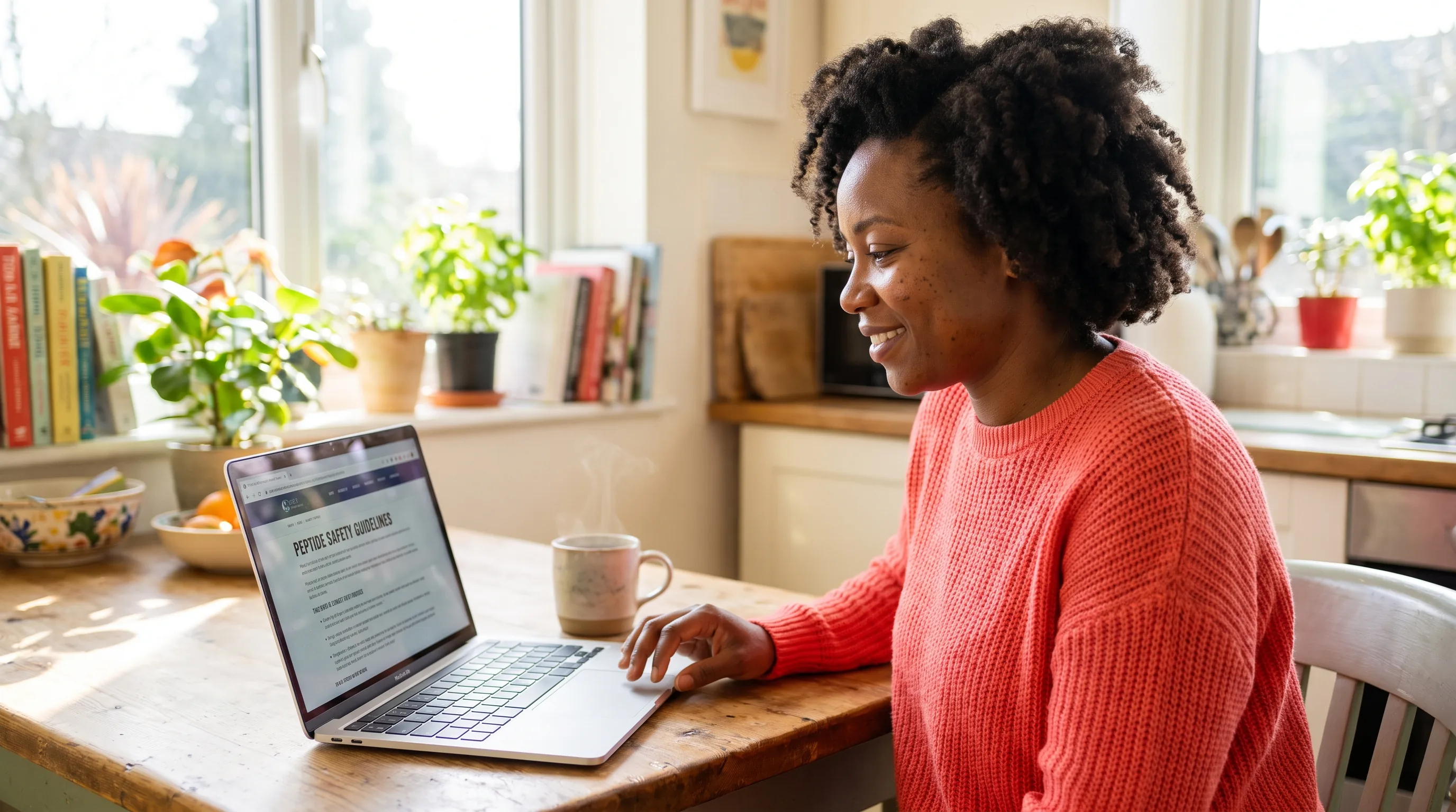 A thoughtful woman in her late 30s sits at a sunlit kitchen table reading about peptide safety on her laptop, calm and considered, a cup of tea beside her