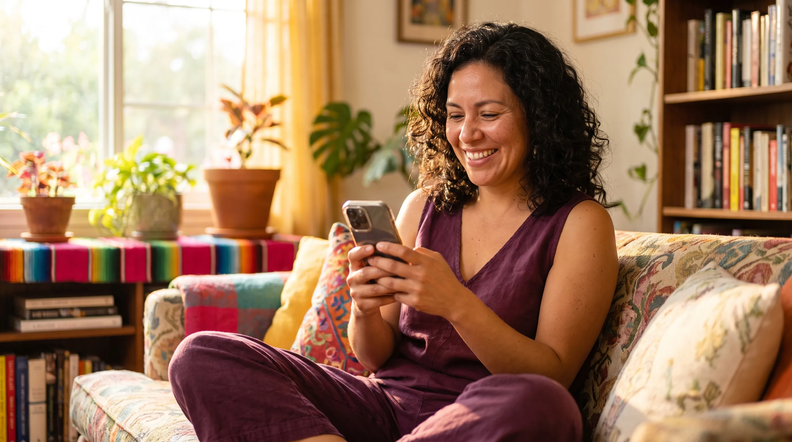 A warm, happy, colorful photo of a healthy woman in her thirties smiling at her phone in a sunlit living room, comfortable managing her care from home.